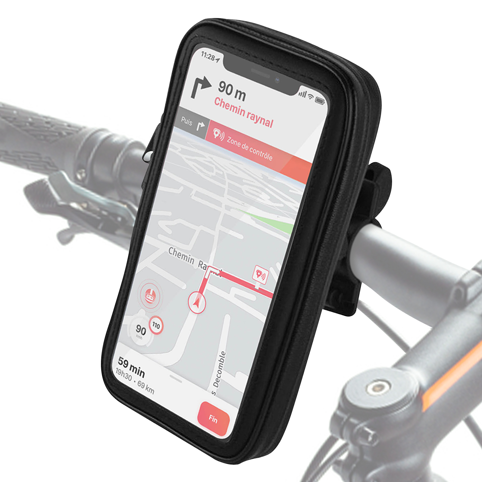 Un telefono in una custodia nera montato sul manubrio di una bici. Il telefono mostra un'interfaccia mappa.