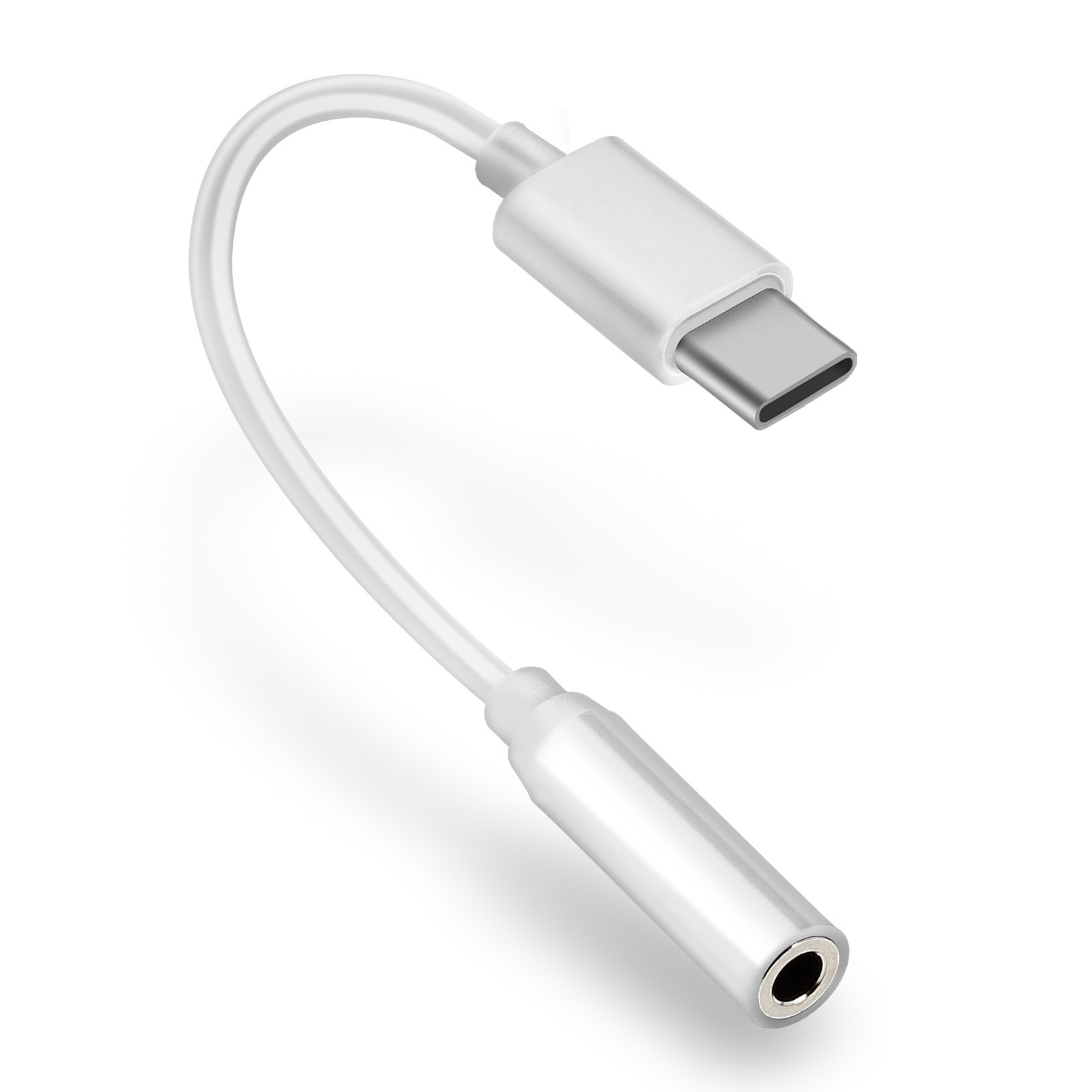 Un cable adaptador de audio USB-C a 3,5 mm blanco. Está sobre un fondo blanco. El conector es plateado.