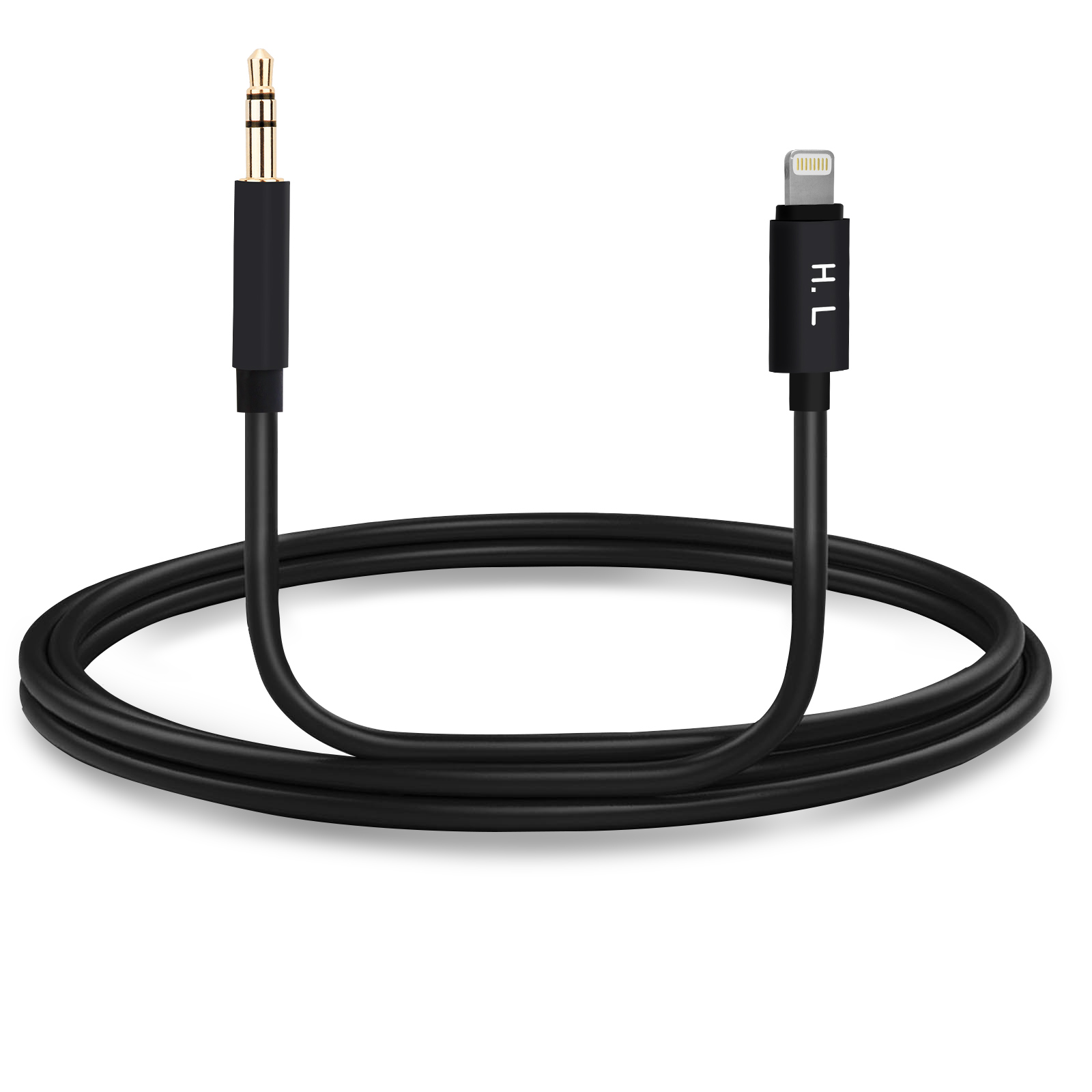 Cable de audio negro con conector jack de 3,5 mm dorado y conector Lightning.