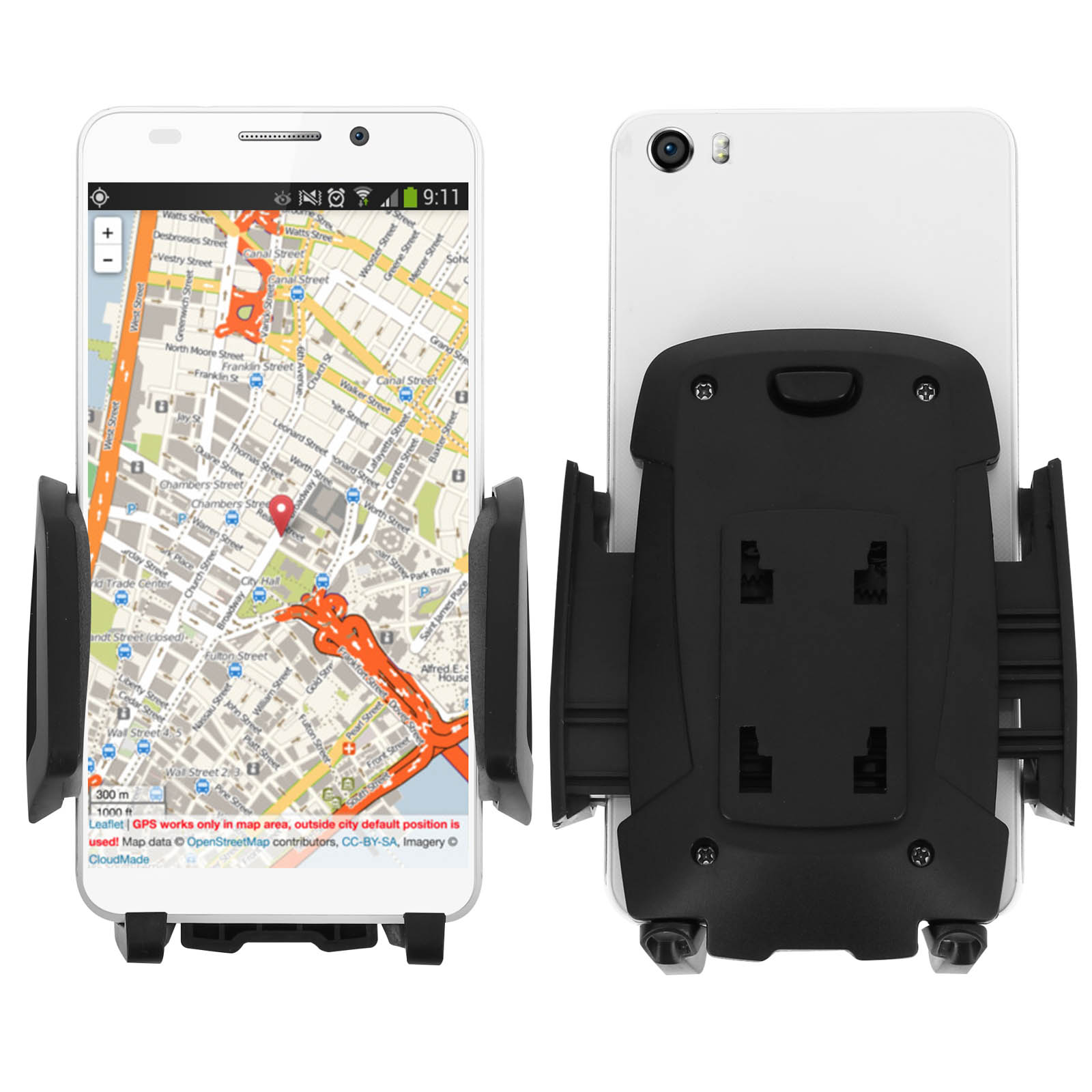 Un telefono bianco in un supporto nero per telefono per auto. Il telefono mostra una mappa con un indicatore rosso.