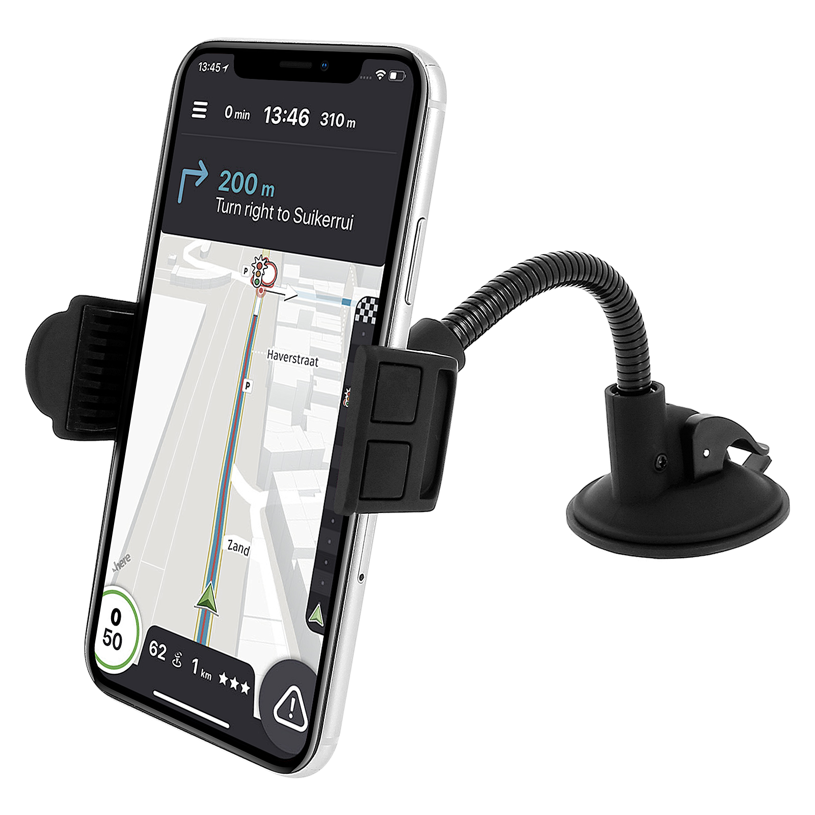 Telefon mit Karte auf einer Autotelefonhalterung. Hat einen flexiblen Hals und Saugnapfbasis.