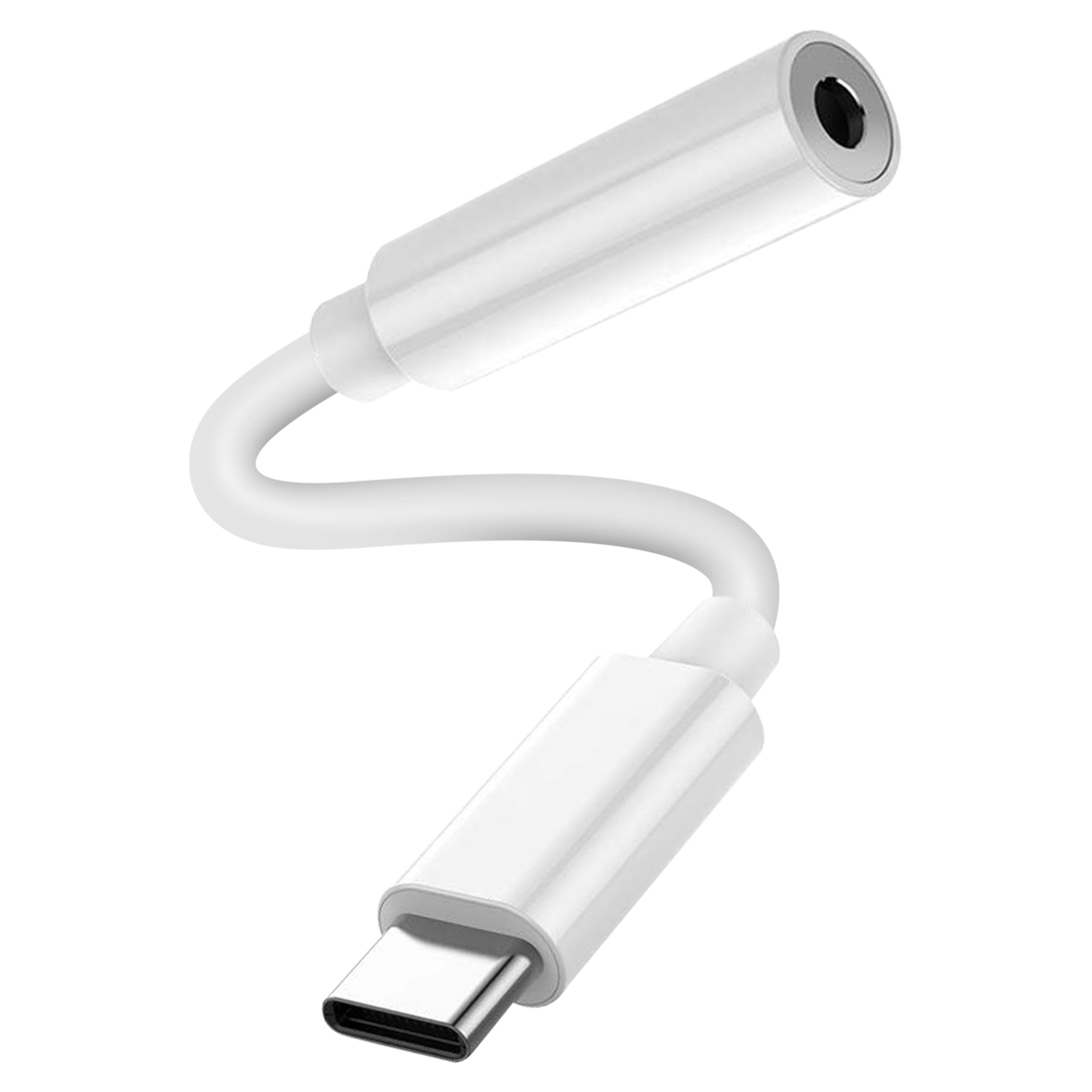 Un adaptador de audio USB-C a 3,5 mm blanco. El cable está curvado.