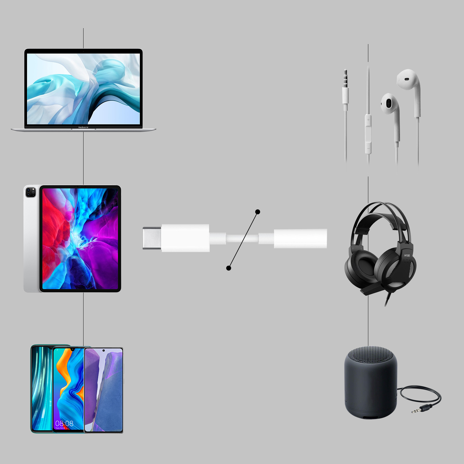 Colección de dispositivos electrónicos: portátil, tableta, teléfonos, auriculares y altavoz. Fondo gris.