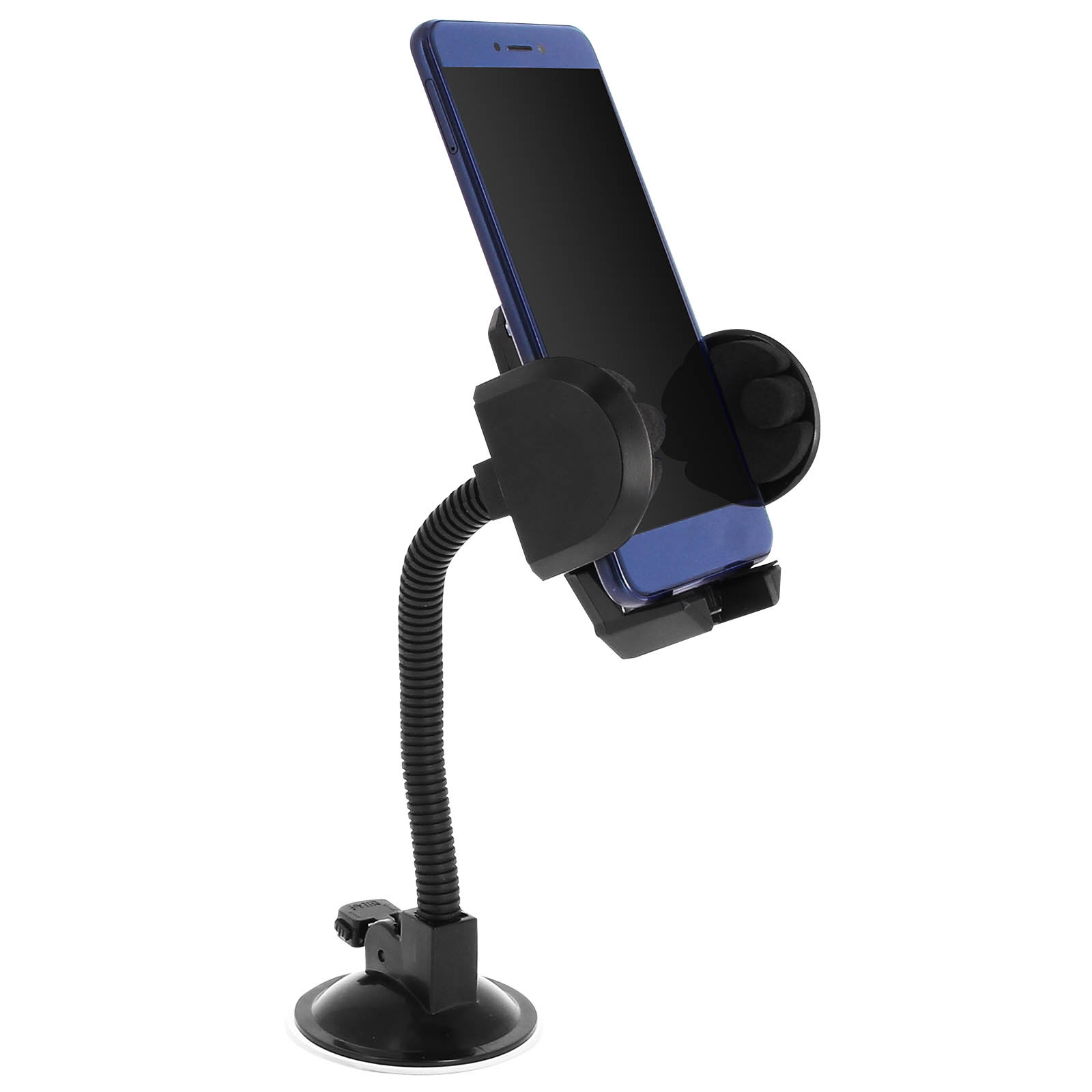 Blaues Telefon auf einer Autotelefonhalterung. Eine Saugnapfbasis, die an einem flexiblen Arm befestigt ist.