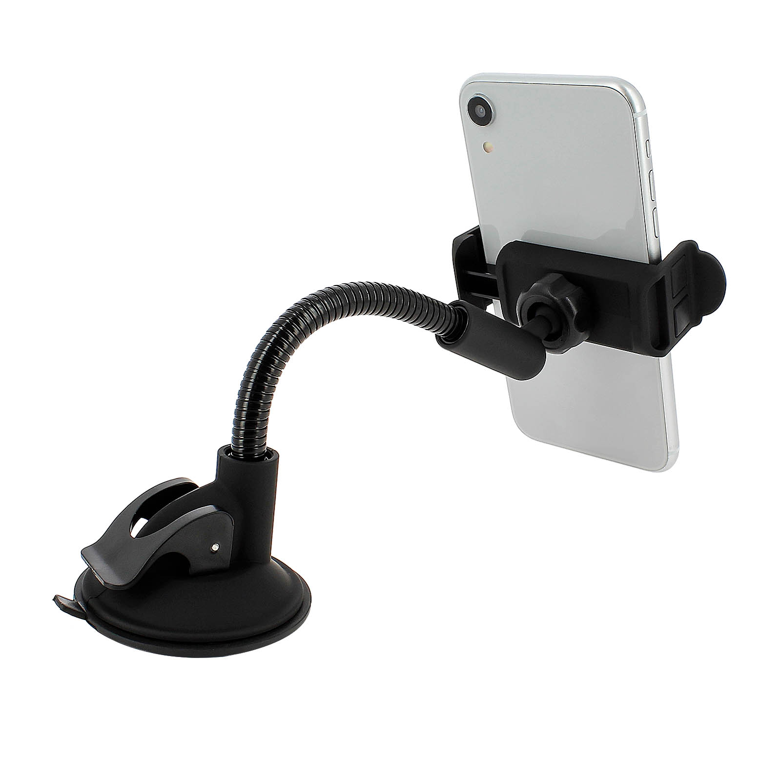 Telefon mit Karte an einem flexiblen Nackenhalter. Die Basis ist ein Saugnapf. Weißer Hintergrund.
