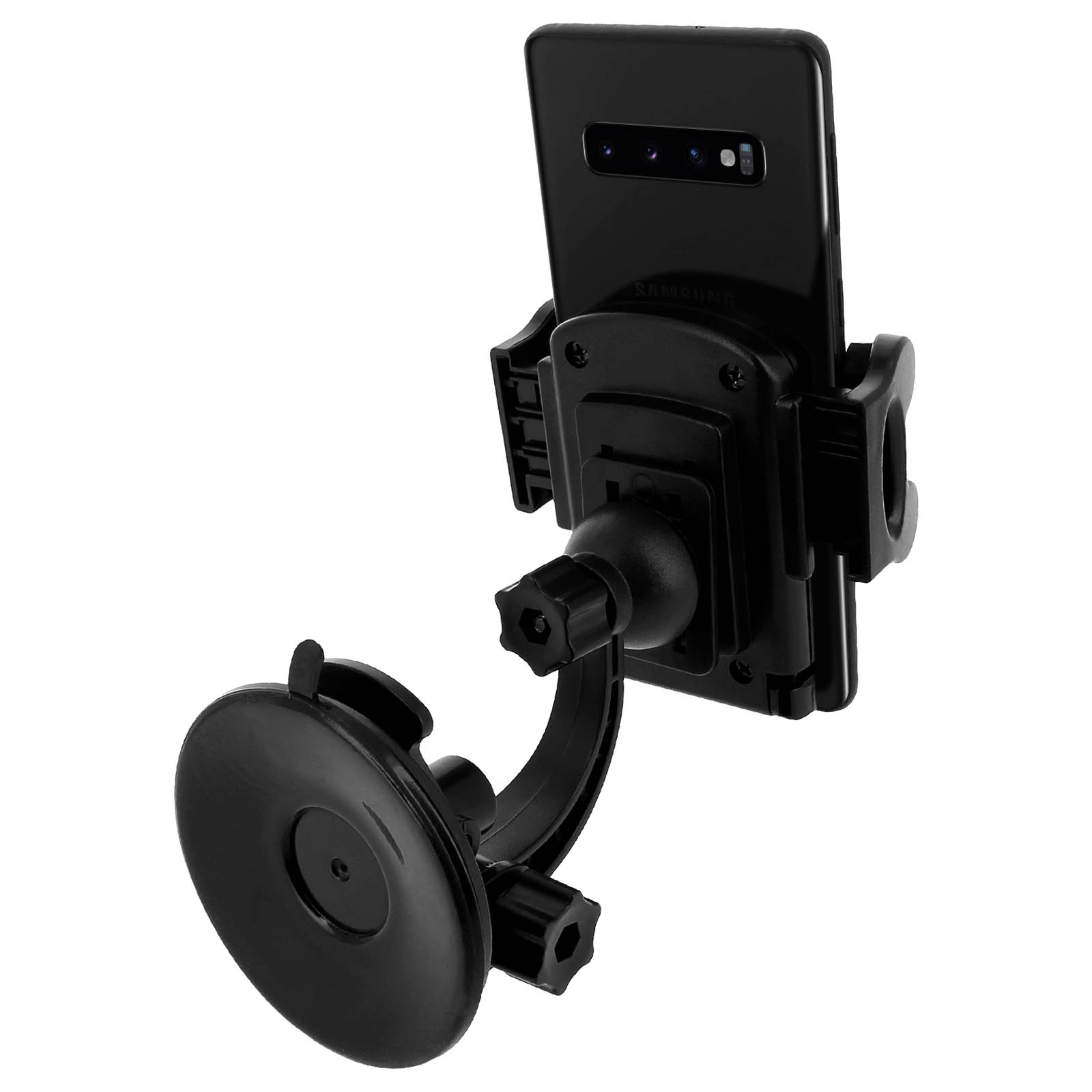 Ein schwarzer Telefonhalter mit einem Telefon. Der Halter hat einen Saugnapf und ein Kugelgelenk.