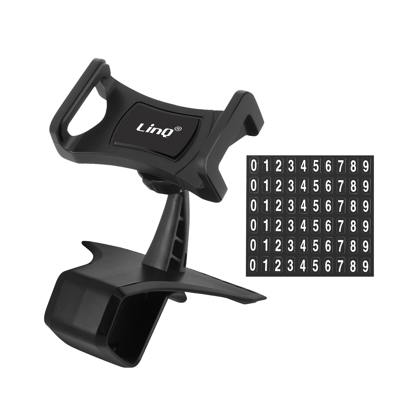 Supporto per telefono per auto nero e una serie di numeri. Il supporto ha un logo LinQ.