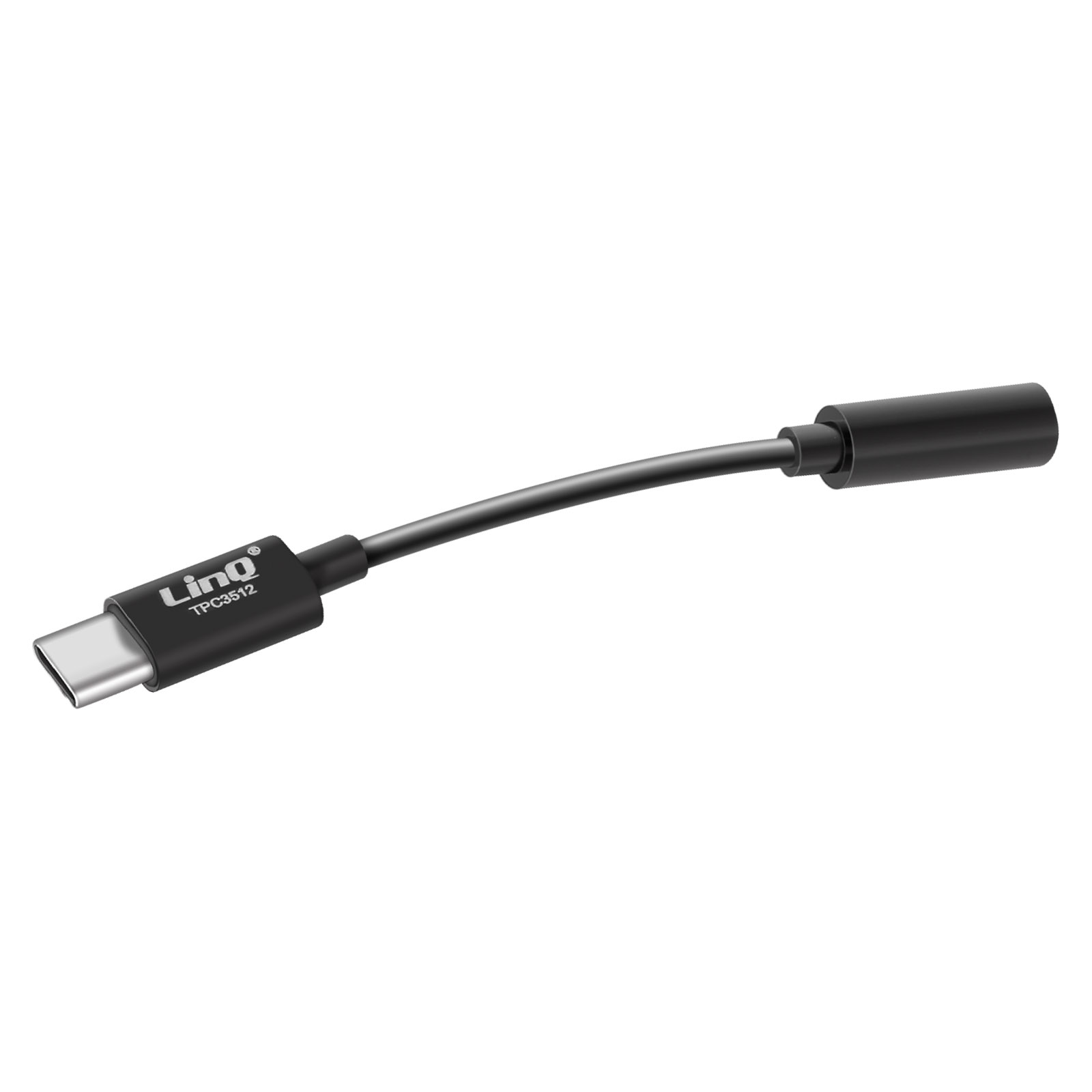 Un cavo adattatore audio da USB-C a 3,5 mm nero. Ha un logo Lino.