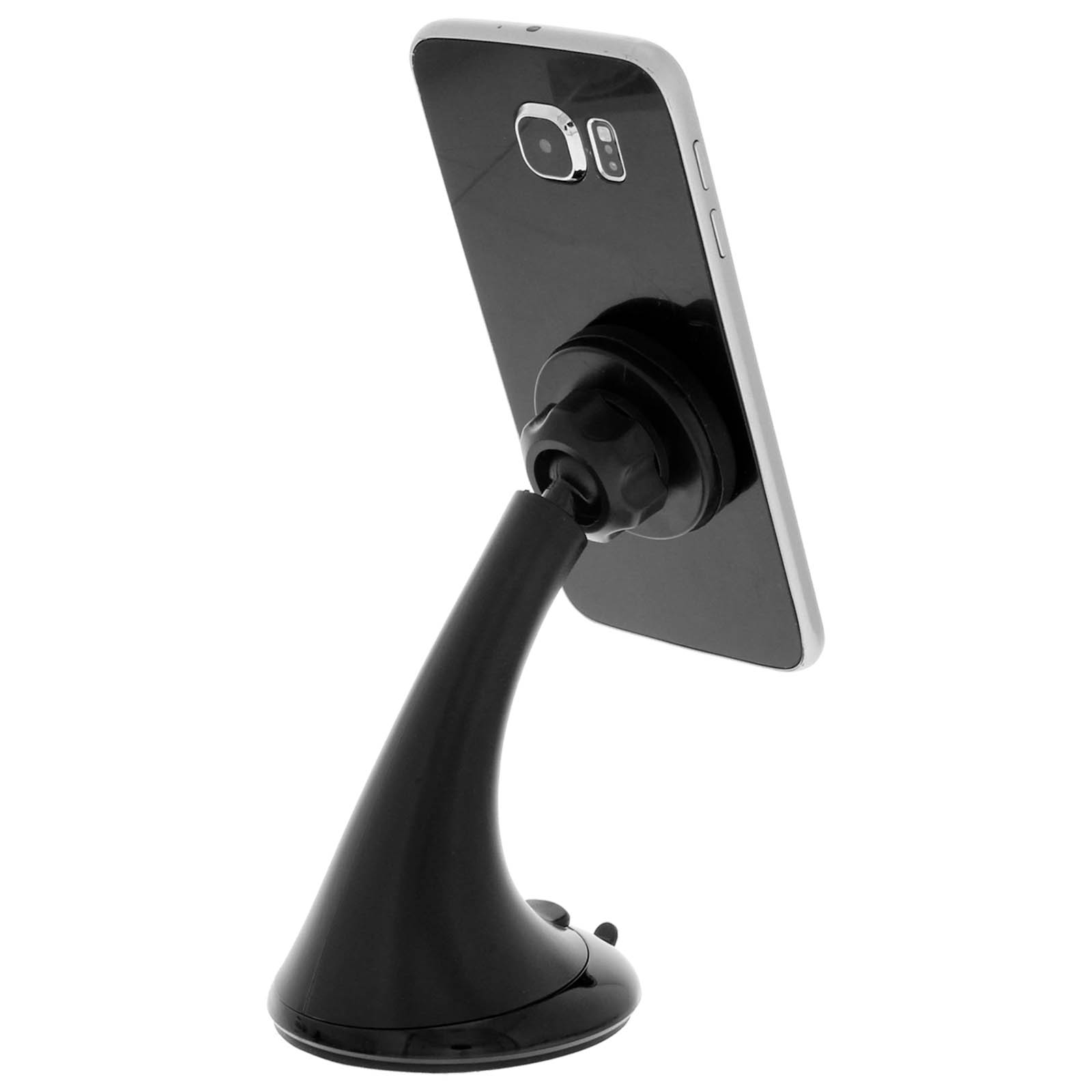 Ein schwarzes Telefon an einem Autotelefonhalter befestigt. Das Telefon ist an einer Saugnapfbasis befestigt.