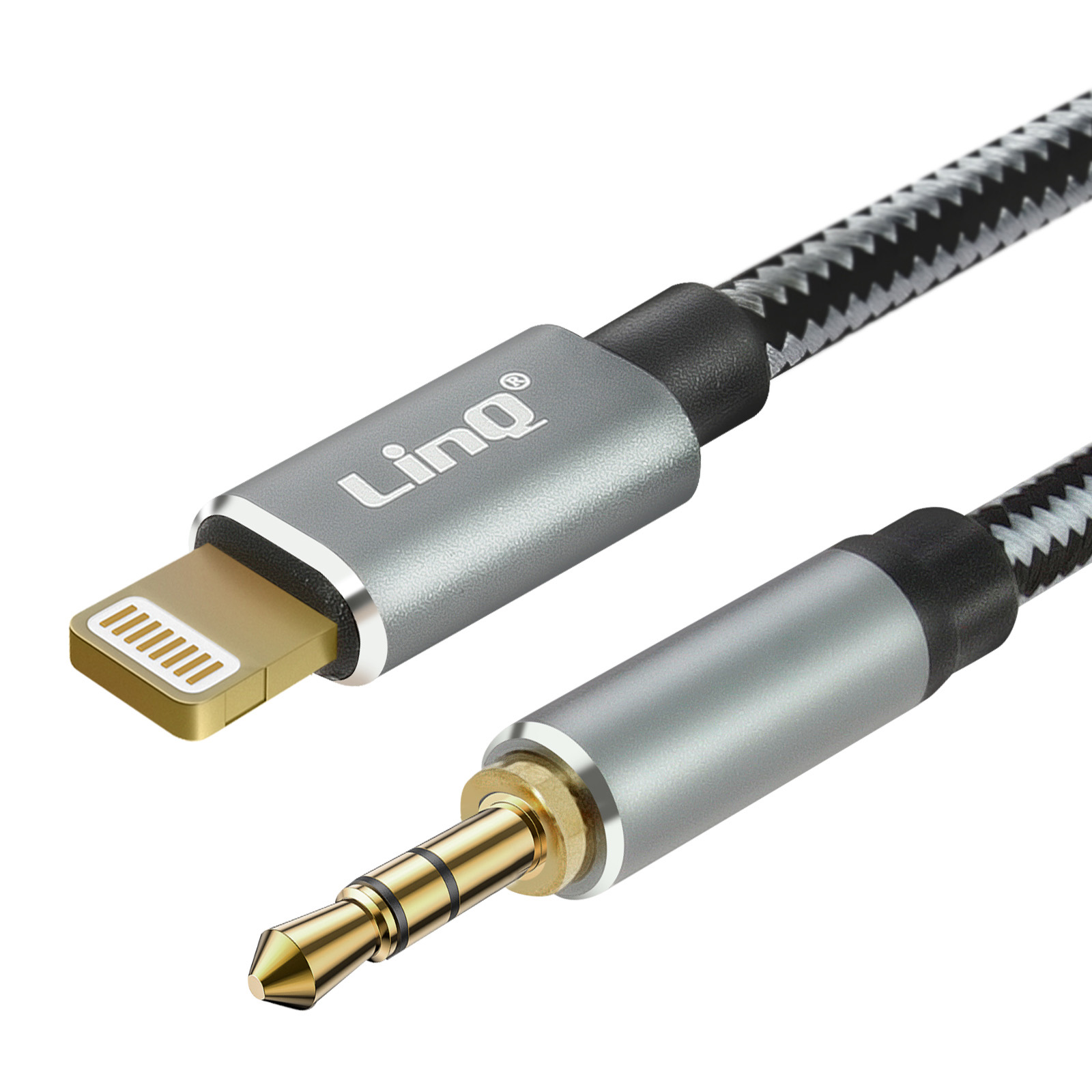 Cable de audio con conectores Lightning y 3,5 mm, cable gris y negro.