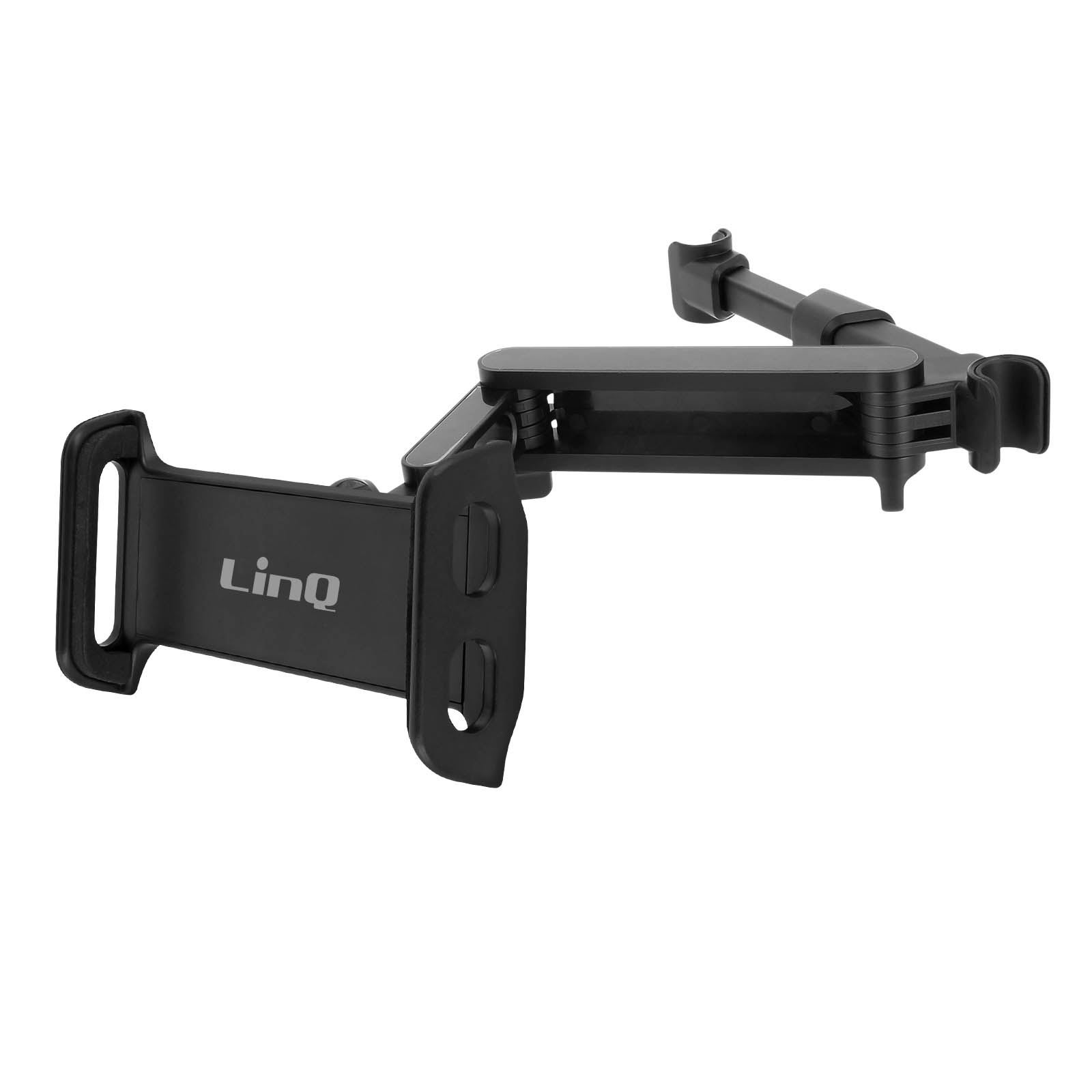 Un soporte negro para teléfono con el logotipo de LinQ. El soporte tiene un brazo articulado y un diseño de clip.