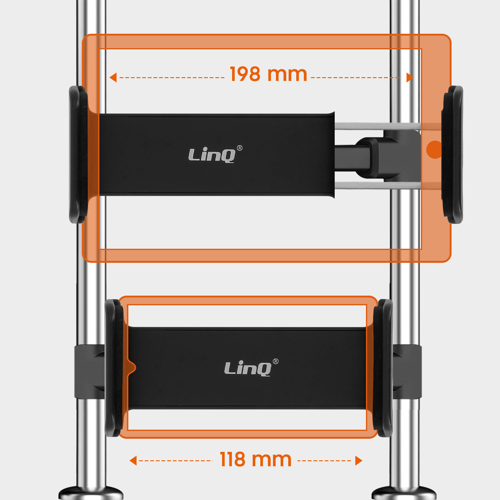 Soportes negros para teléfono en postes metálicos. Los soportes tienen el logotipo 'LinQ'. Contornos naranjas muestran el tamaño.