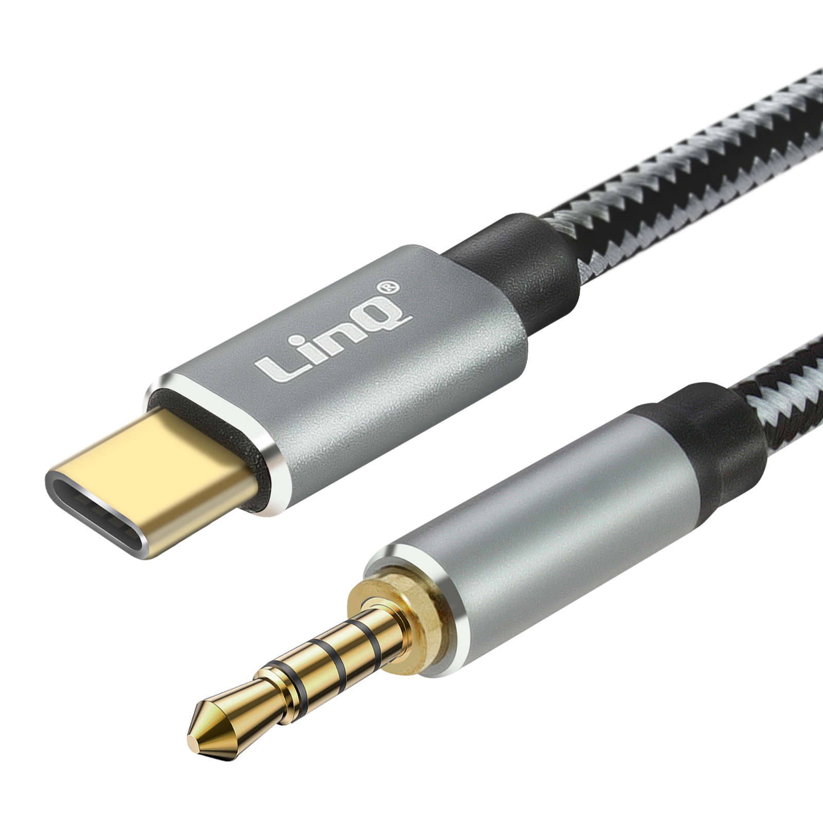 Cable de audio USB-C a 3,5 mm. El cable es plateado y negro, con un logotipo de Linq.