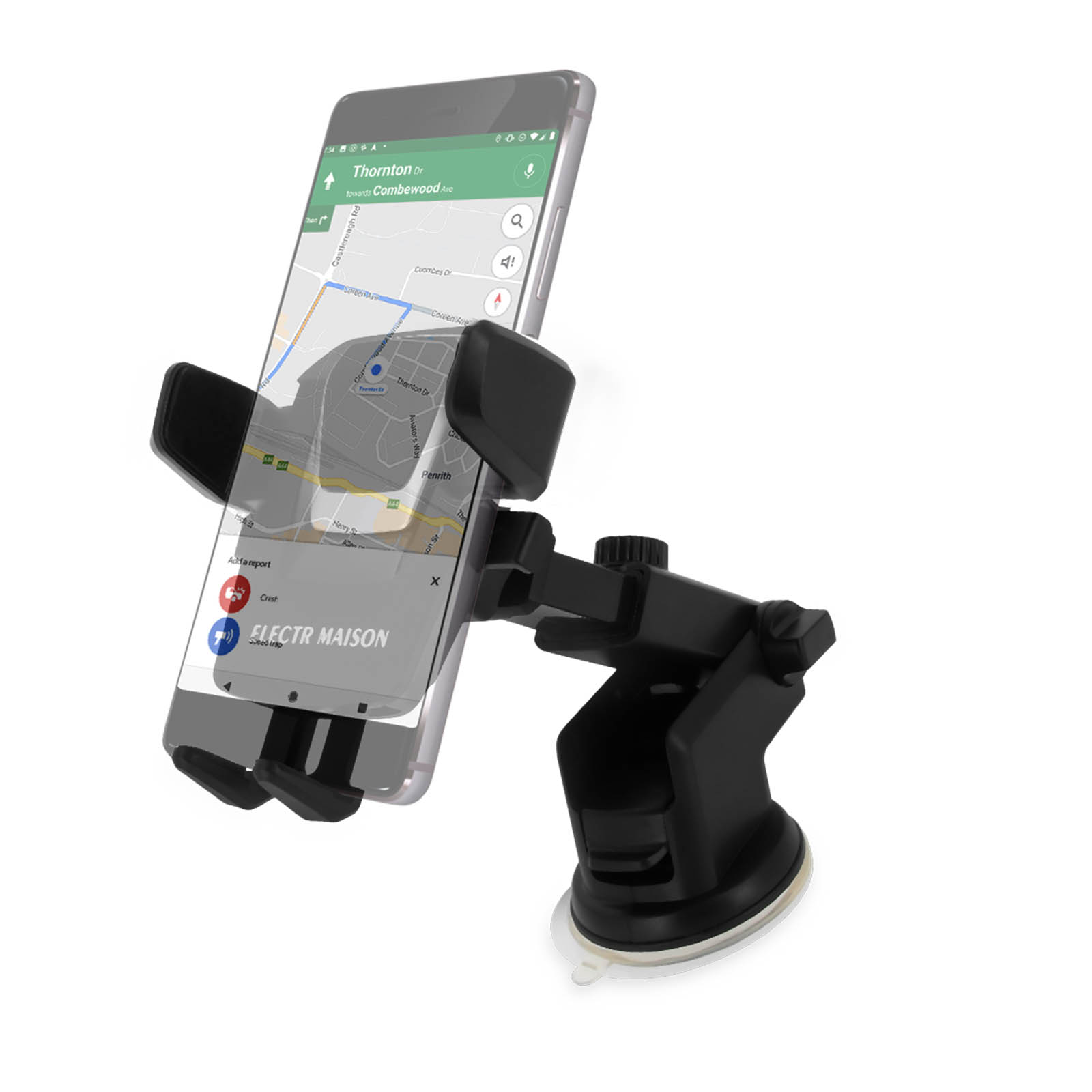 Telefon mit Karten-App auf schwarzer Autohalterung mit Saugnapf. Weißer Hintergrund.