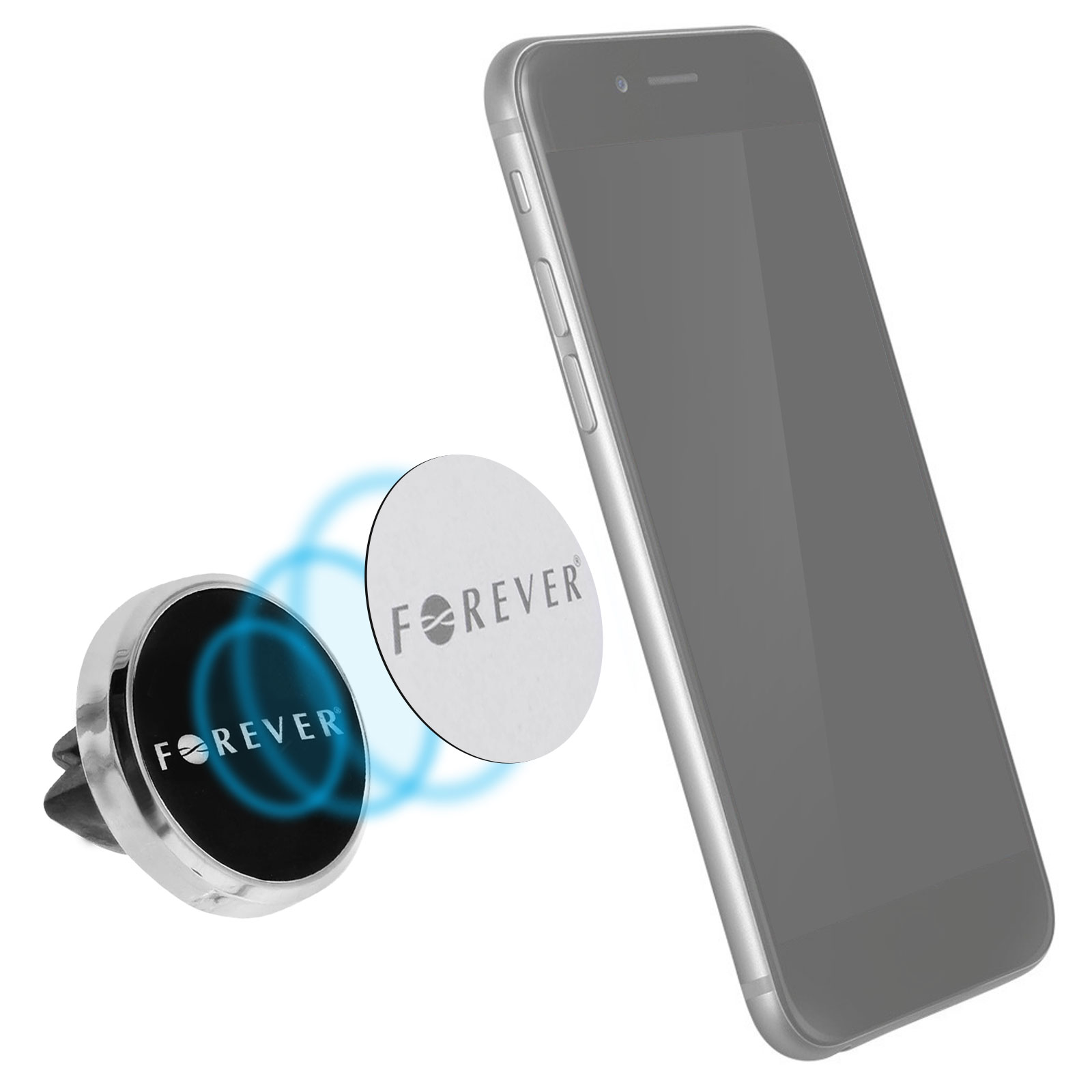 Telefonhalter mit Magnetscheibe und weißer Scheibe mit 'FOREVER'. Silberner und schwarzer Halter. Weißer Hintergrund.