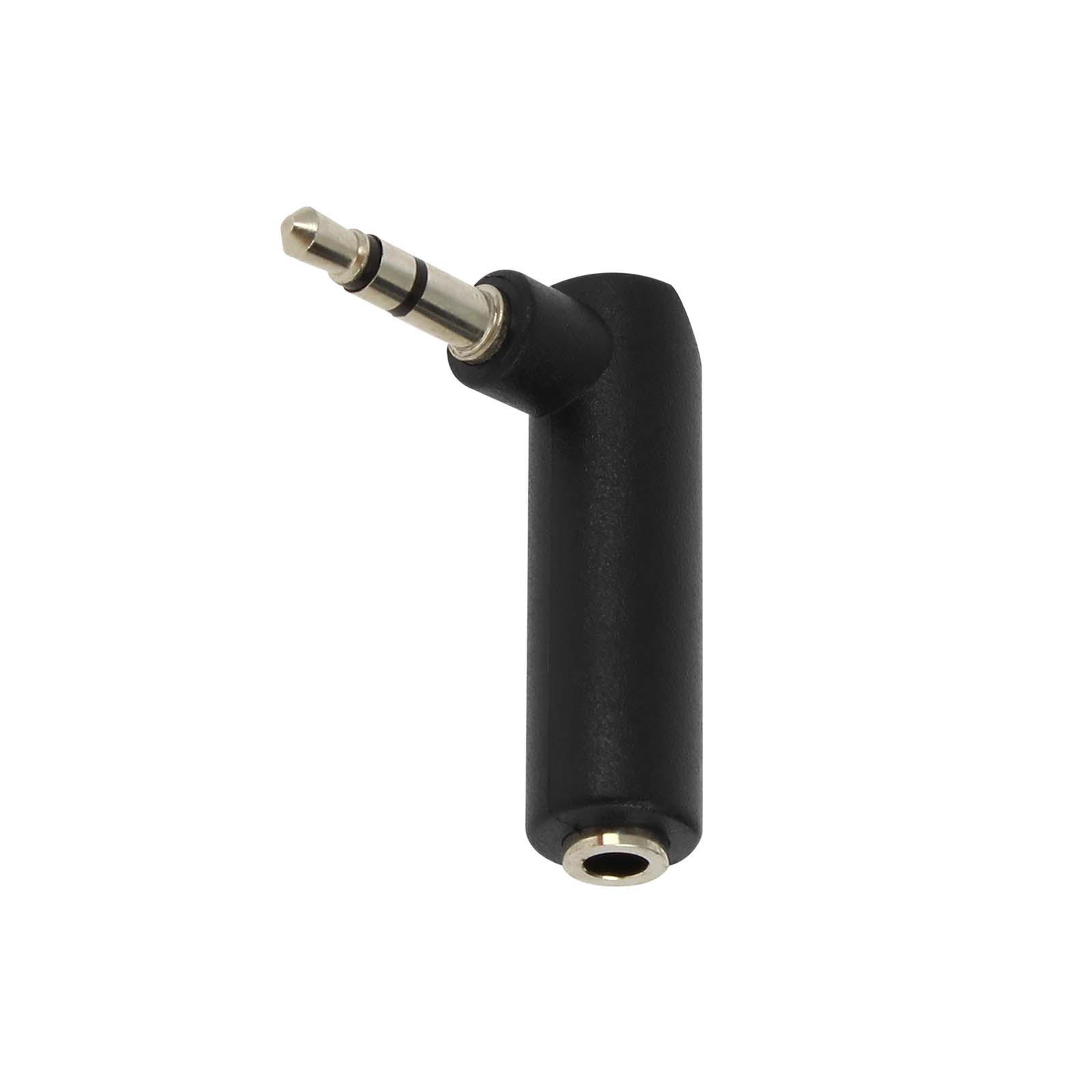 Conector de audio de 3,5 mm en ángulo recto negro.