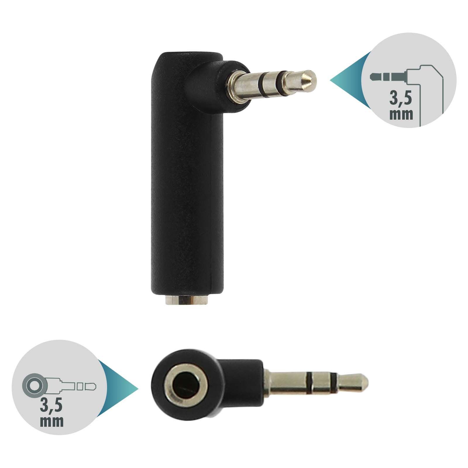 Un adaptador de audio en ángulo de 3,5 mm con diagramas.