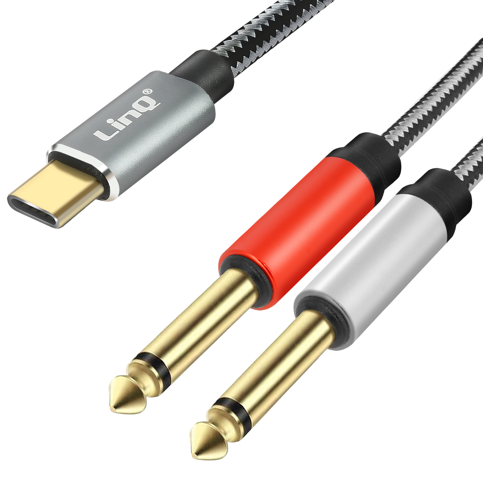 Cables de audio USB-C a 6,35 mm. El extremo USB-C es plateado, los otros extremos son rojo y plateado.