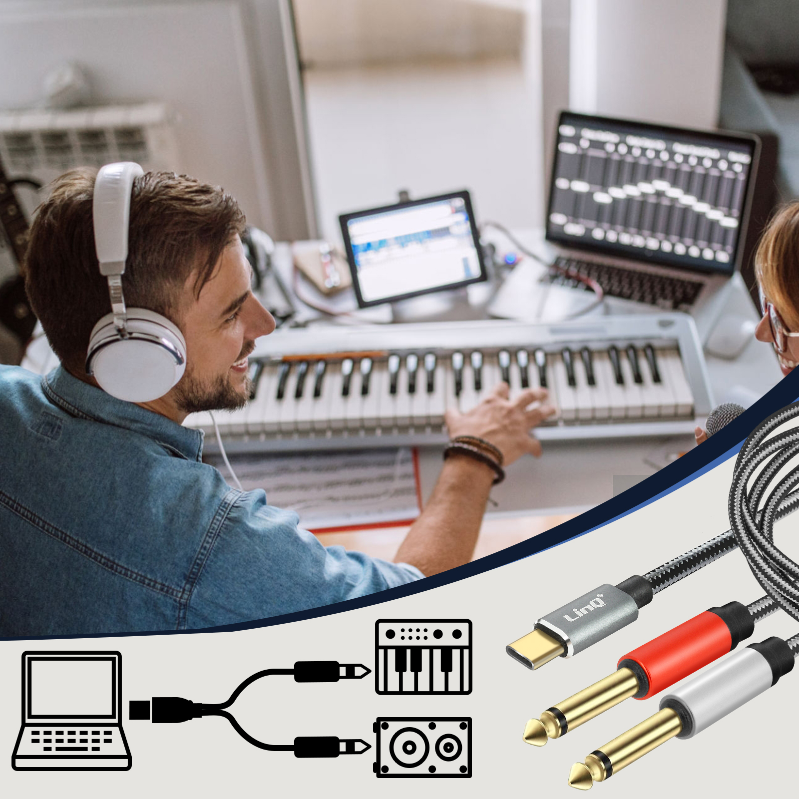 Un hombre toca un teclado. Los cables se conectan a una computadora portátil y a una mesa de mezclas, mostrando la creación musical.