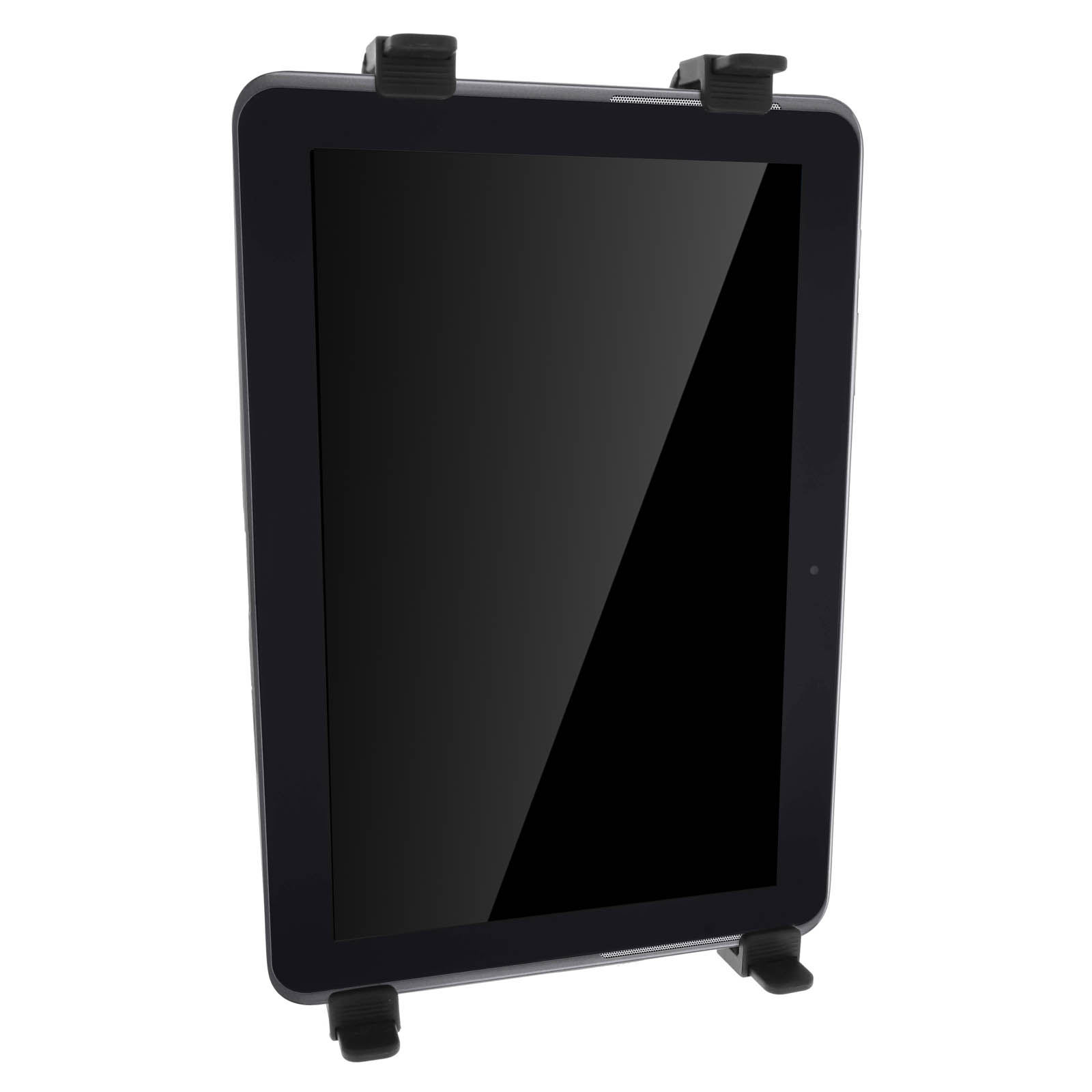 Schwarzes Tablet in schwarzem Halter. Das Tablet hat einen schwarzen Bildschirm und einen schwarzen Rahmen.