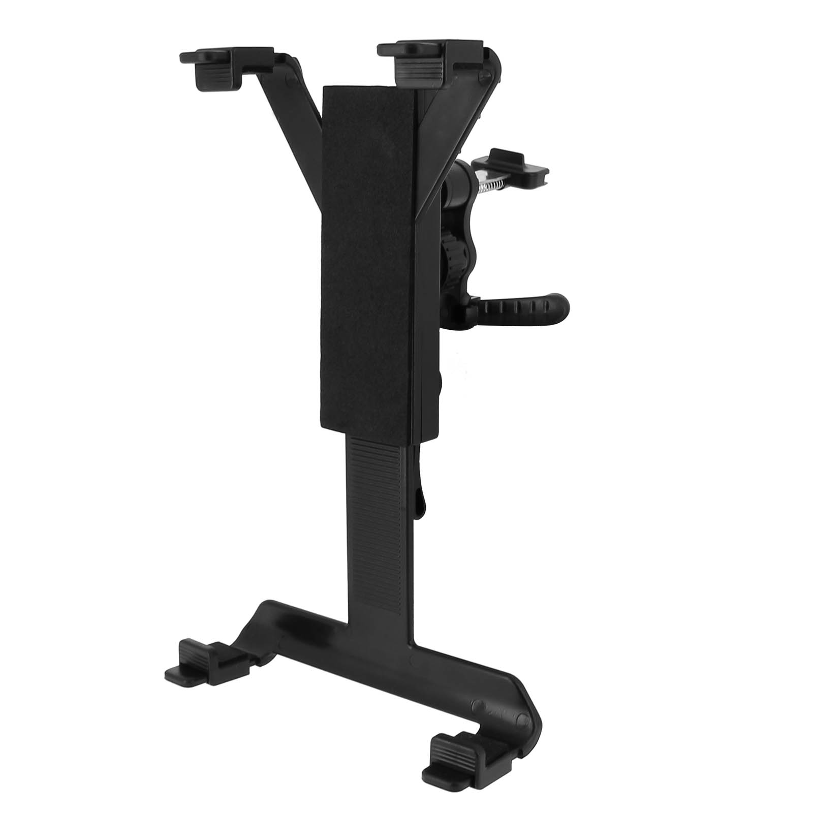 Ein schwarzer Tablethalter wird gezeigt. Er hat verstellbare Arme und ein Drehgelenk.