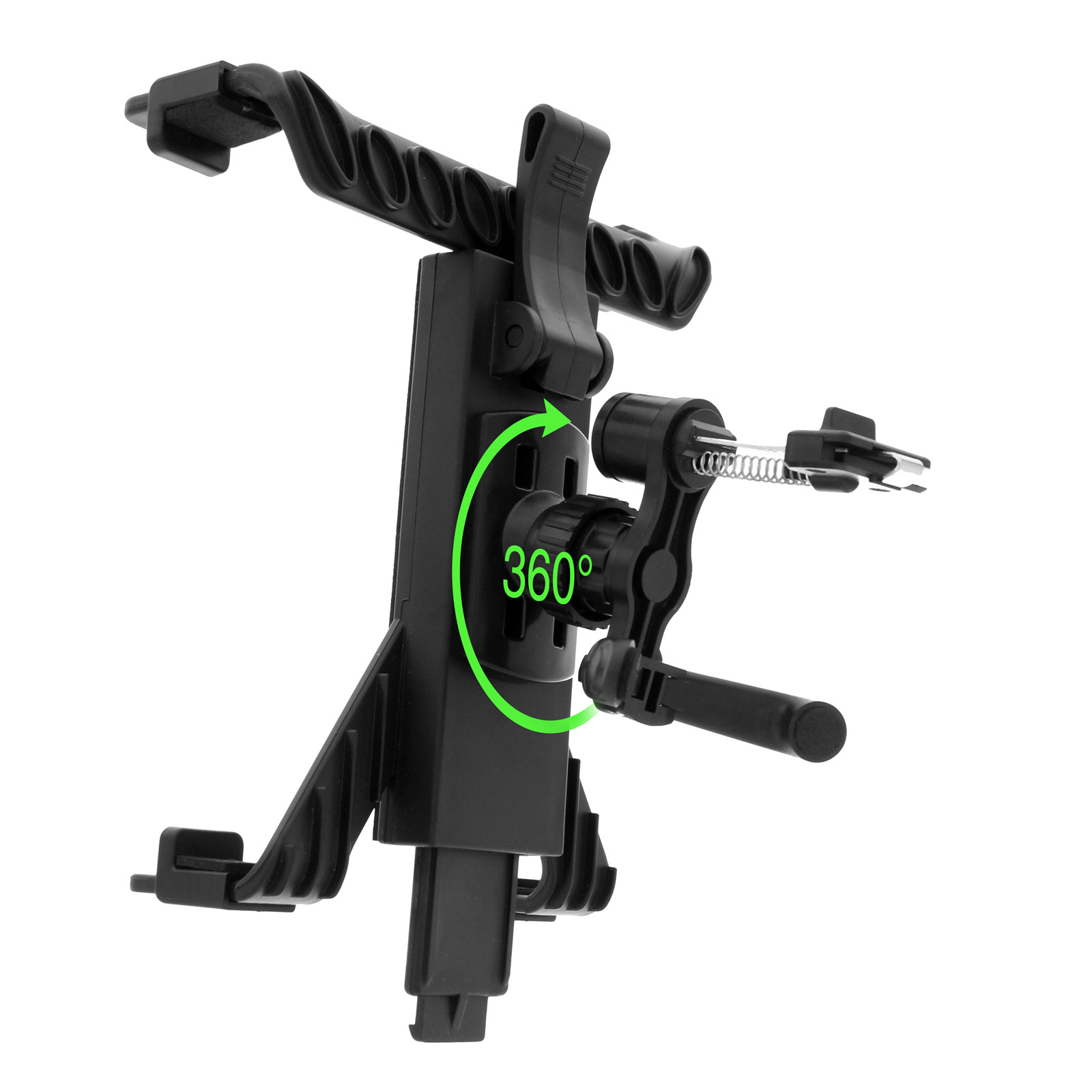 Ein schwarzer Tablethalter mit einem 360°-Drehmechanismus und einem Griff.