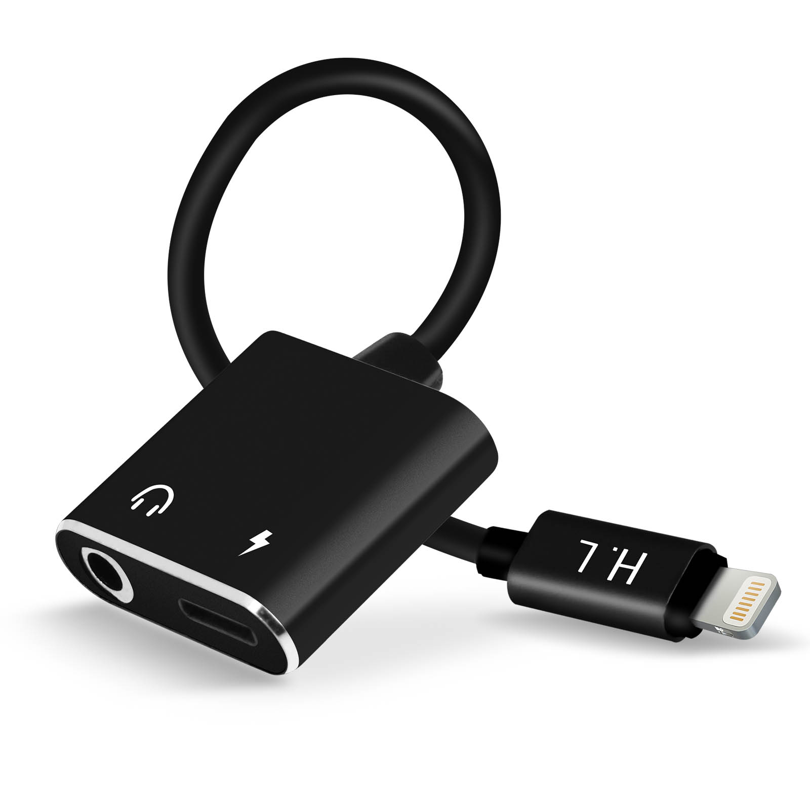 Schwarzer Adapter mit Kopfhörer- und Lightning-Anschluss. Ein schwarzes Kabel verbindet sich mit einem Lightning-Anschluss.