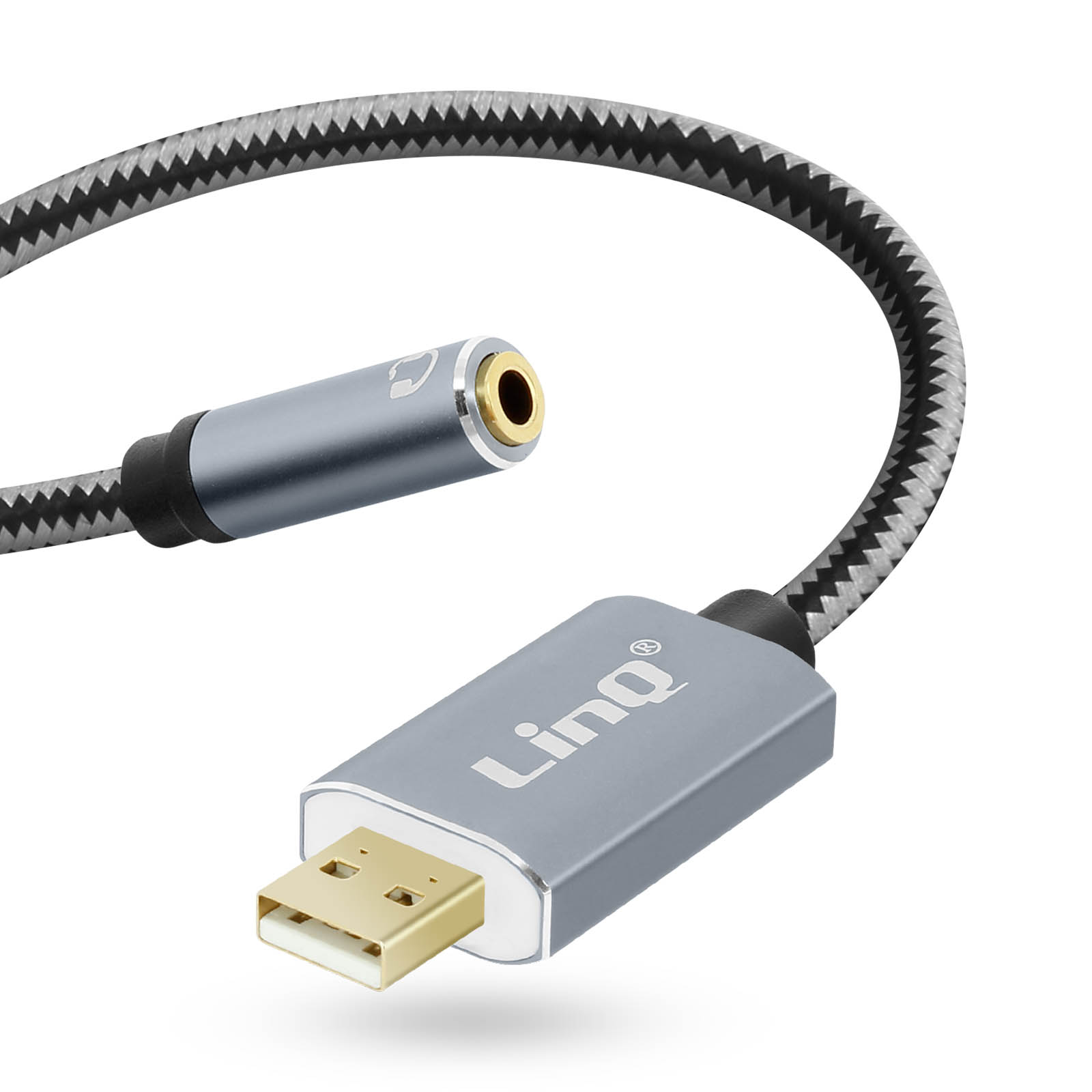 Un adattatore audio USB-C a 3,5 mm argentato. L'adattatore ha il logo Linq.