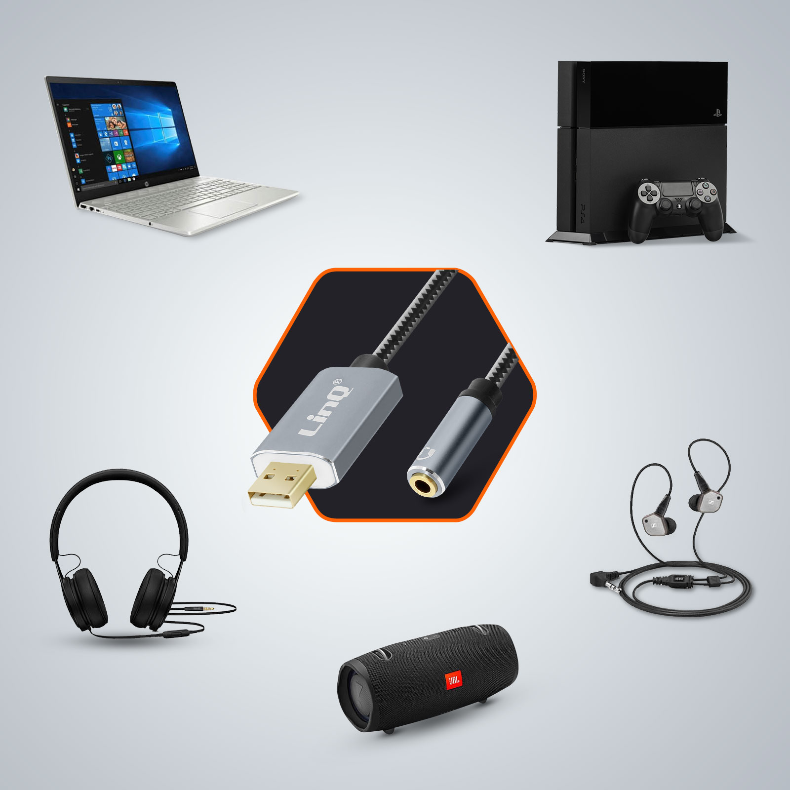 Dispositivi elettronici: laptop, PS4, cuffie, altoparlante e cavo con adattatore.