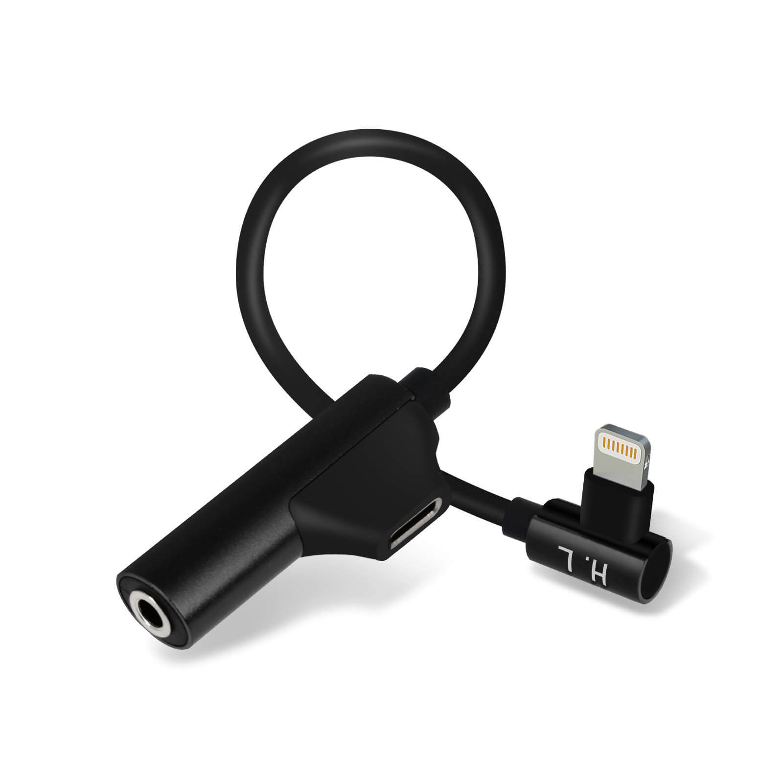 Un adaptador negro con un conector para auriculares y un conector Lightning para un teléfono.