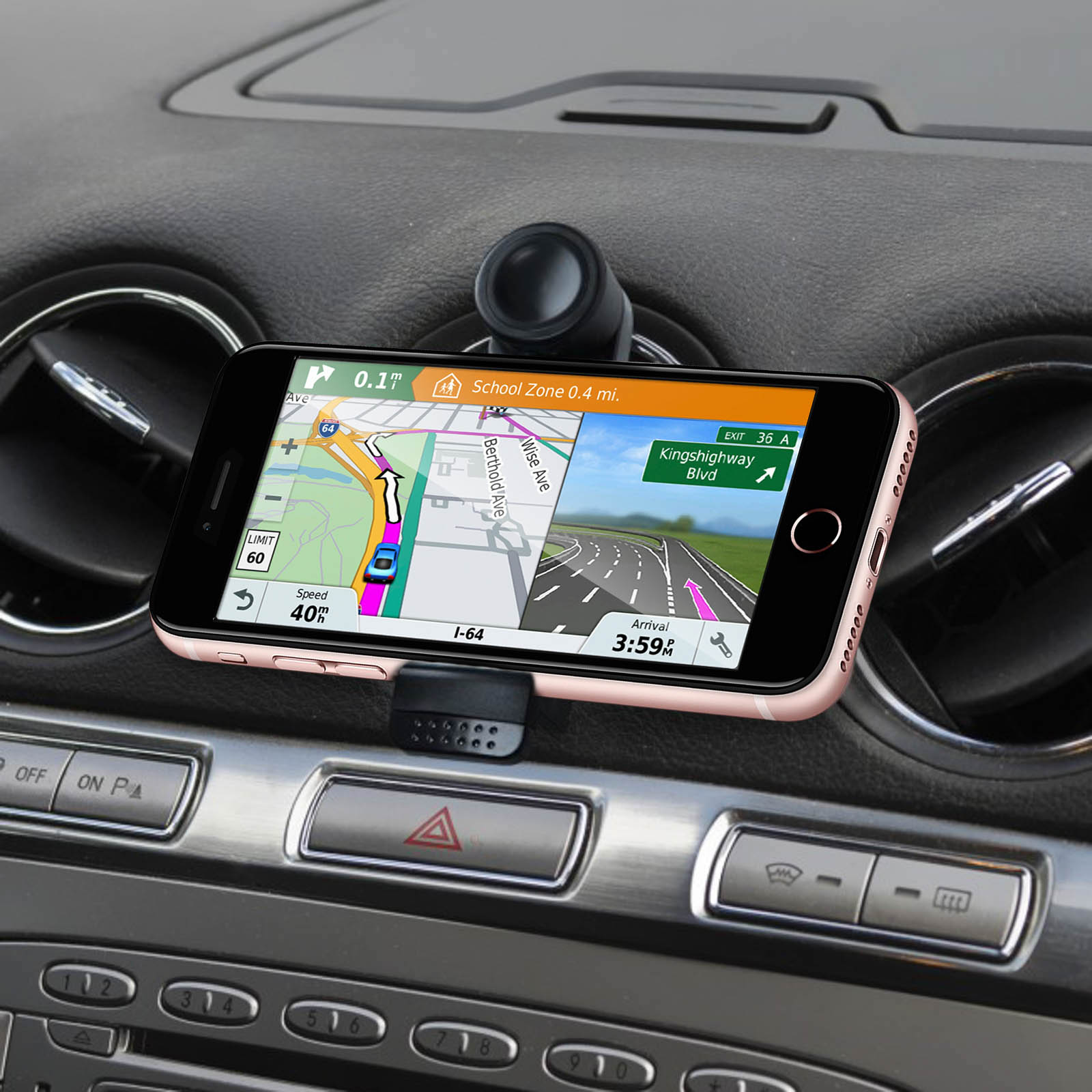 Ein Telefon mit Karte ist am Armaturenbrett befestigt. Der Innenraum des Autos ist sichtbar.