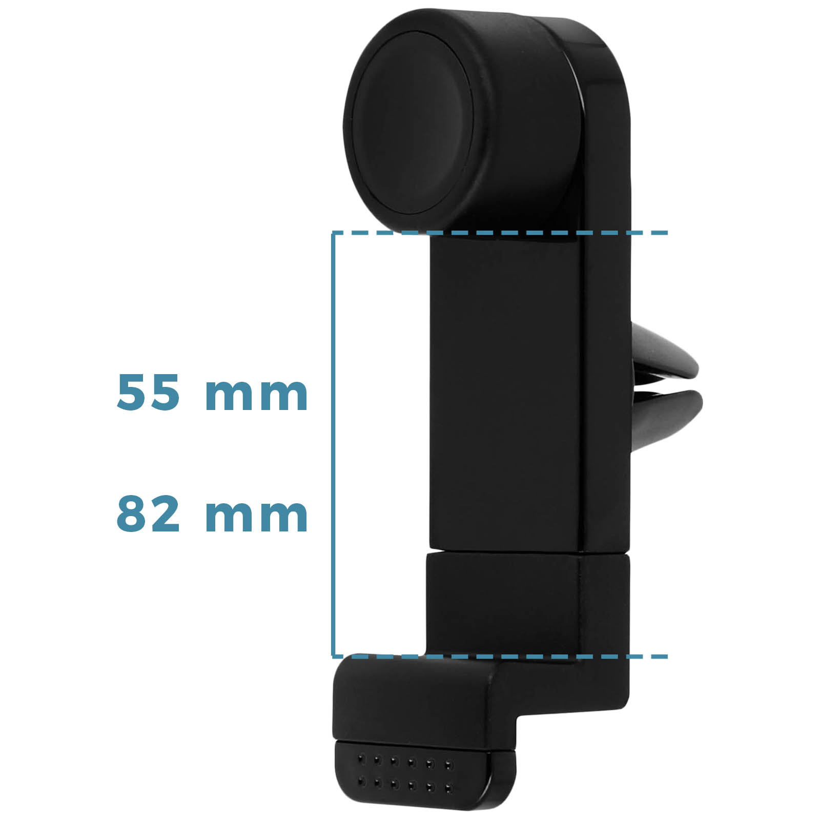 Schwarze Handyhalterung für die Lüftung, mit Abmessungen in mm. Maße sind 55 mm und 82 mm. Weißer Hintergrund.