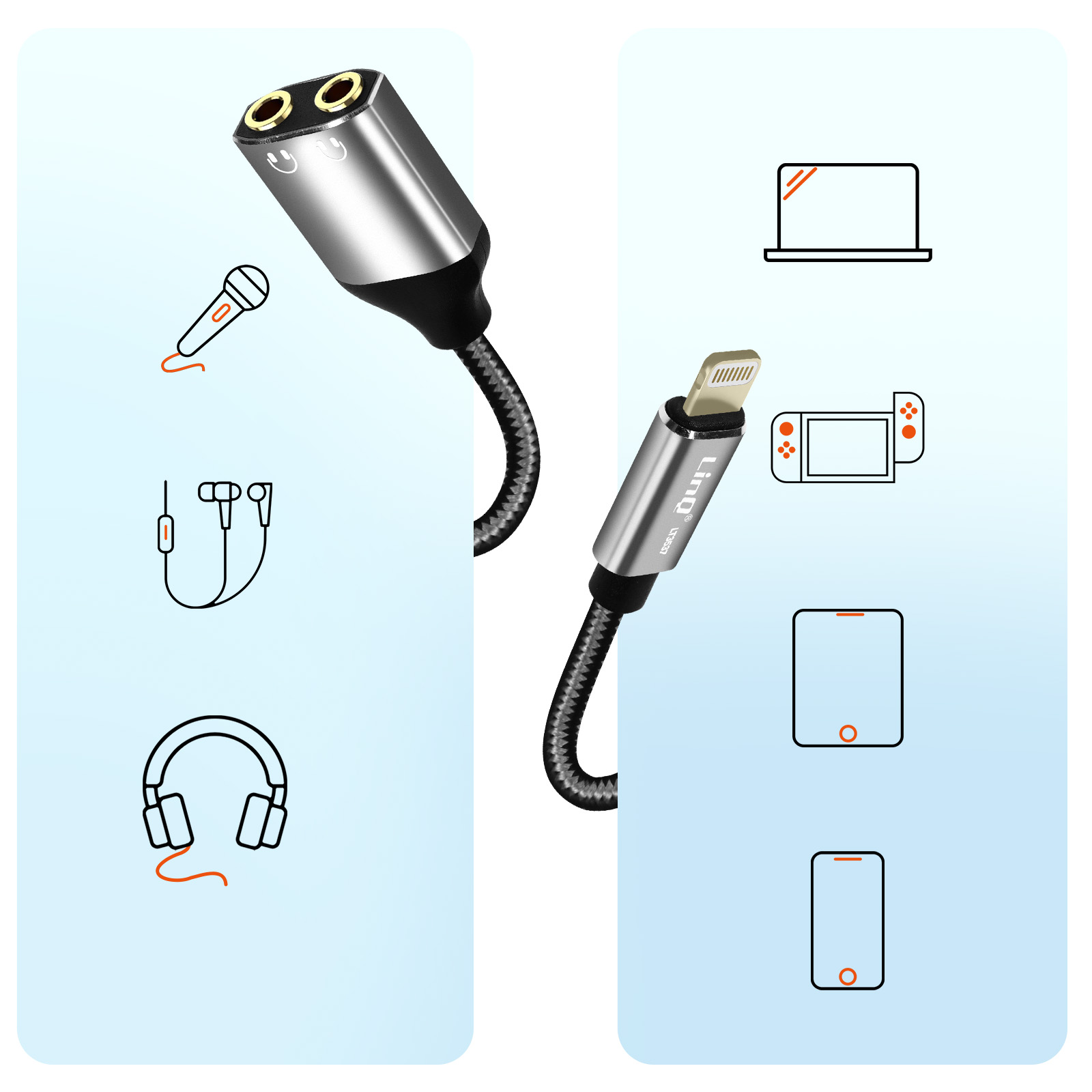 Audioadapter mit mehreren Klinkenanschlüssen und beschrifteten Symbolen.