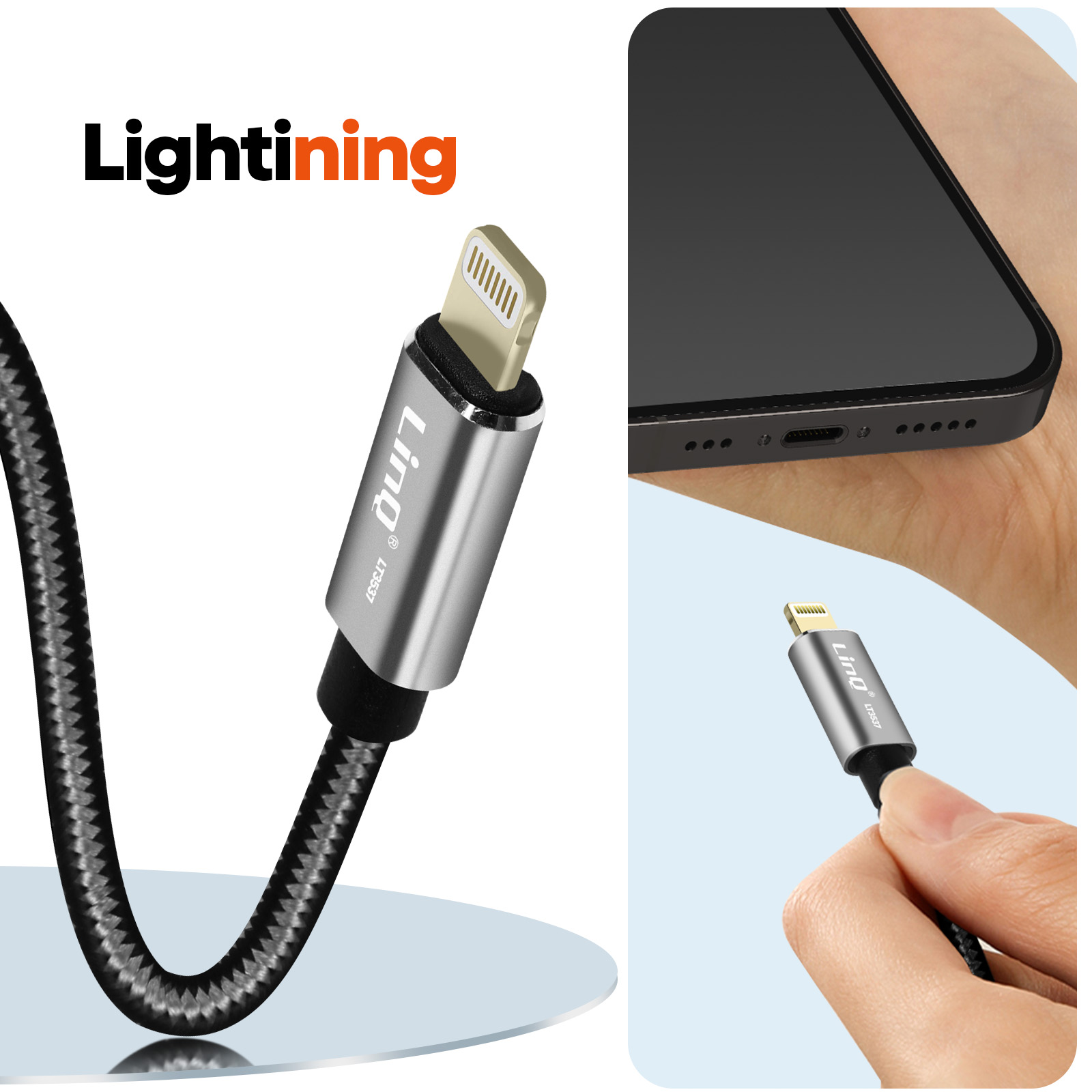 Ein Telefonladegerät mit Lightning-Anschluss wird aus der Nähe gezeigt.