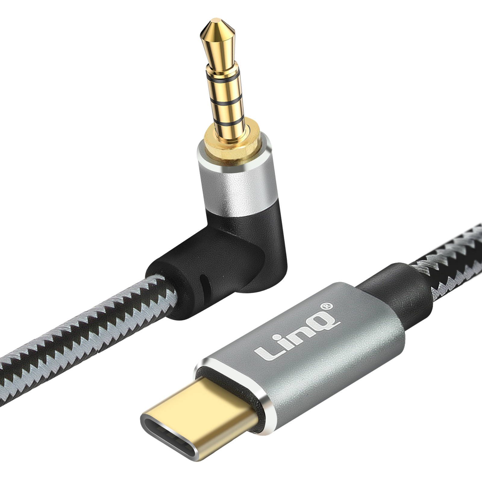 Cable con conector USB-C y conector de audio de 3,5 mm. El cable es negro y gris.