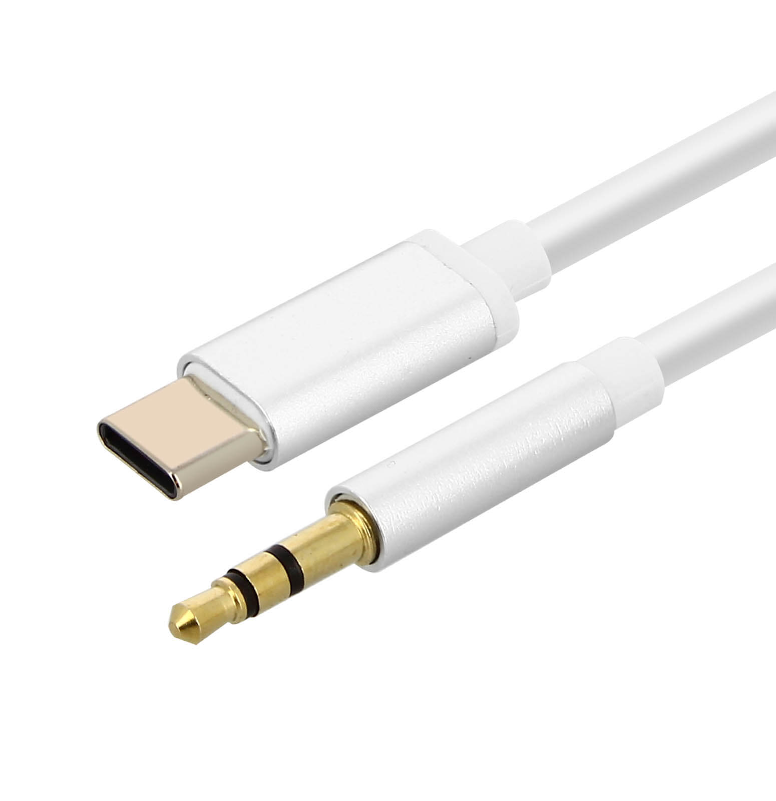Cable de audio USB-C a 3,5 mm blanco. Un extremo es USB-C, el otro un jack de 3,5 mm.