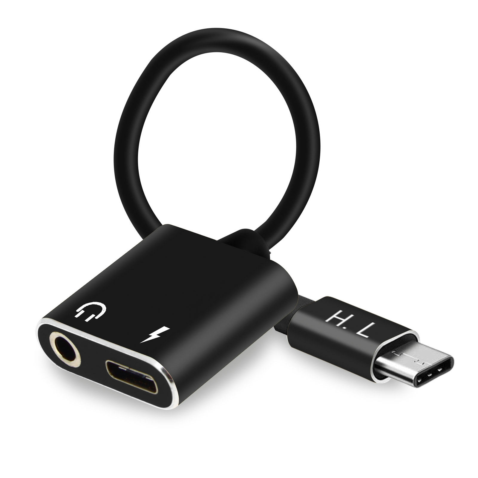 Un adaptador de audio negro con un conector USB-C y puertos para auriculares/carga.