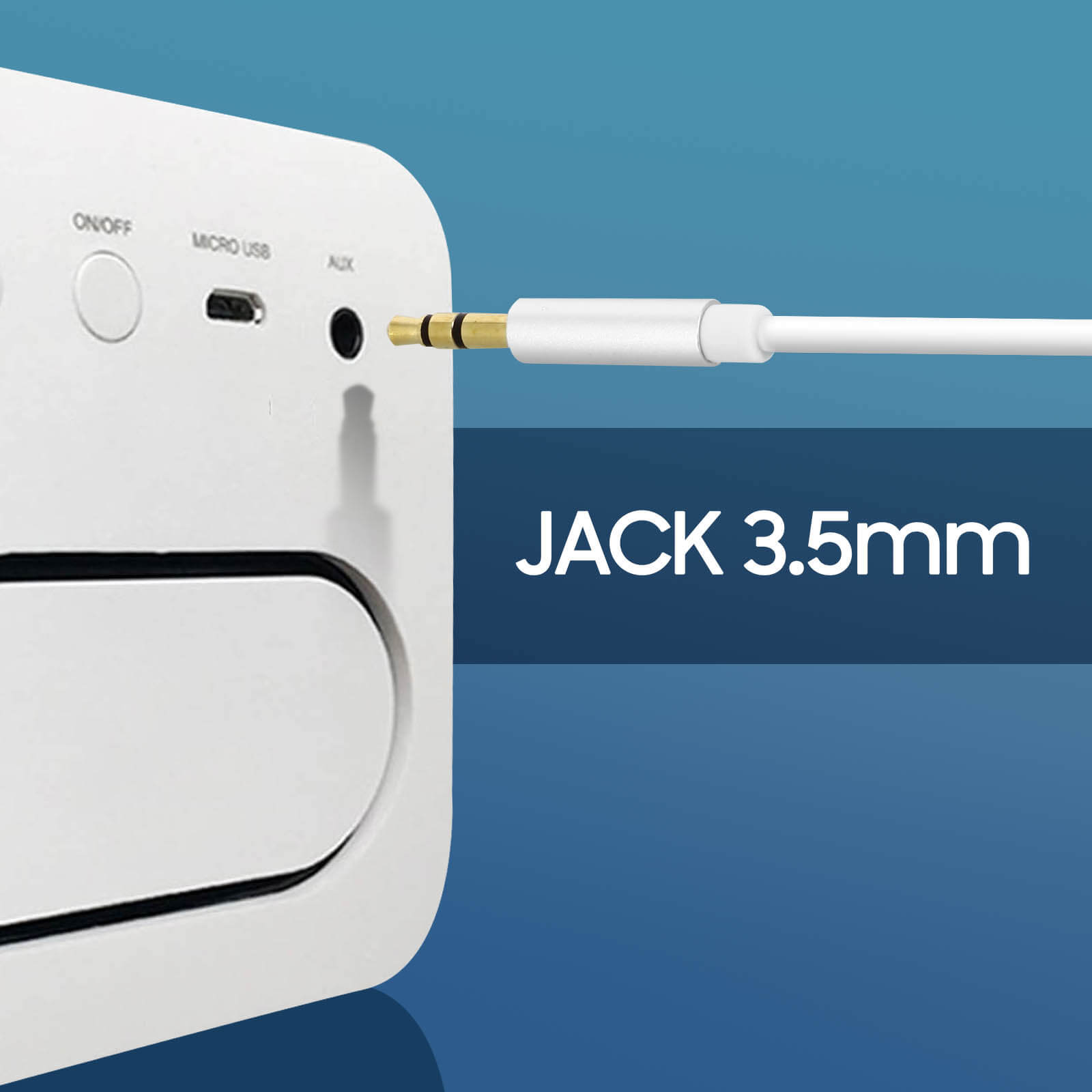 Altavoz blanco con cable jack de 3,5 mm enchufado, sobre fondo degradado azul.