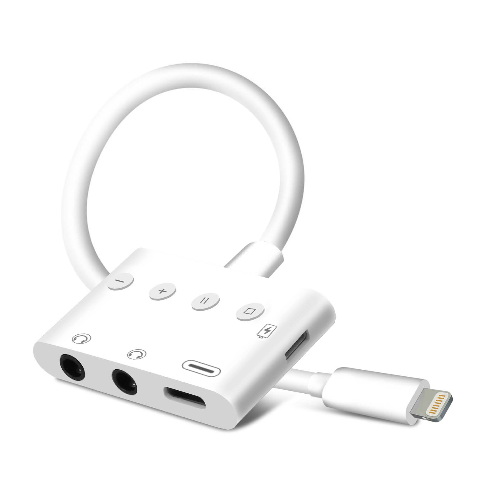 Adaptateur audio blanc avec boutons et ports. Boucle de câble blanche.