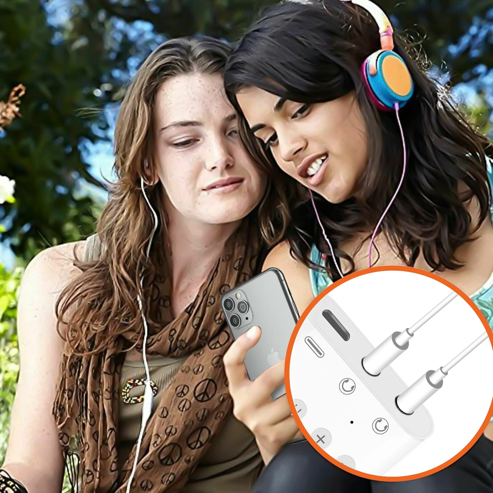 Deux femmes partagent un téléphone, avec des écouteurs connectés. Un gros plan montre un séparateur.