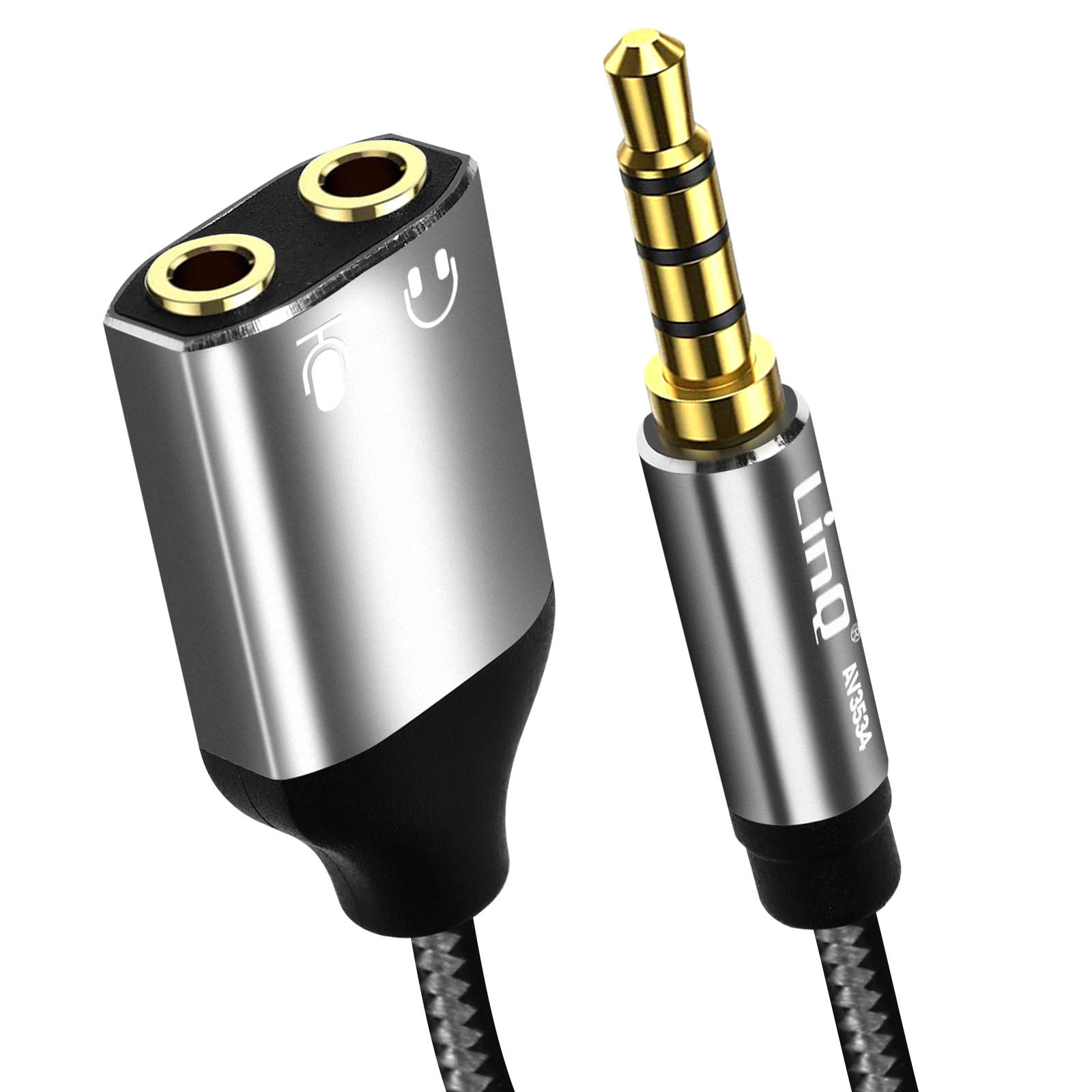 Divisor de audio plateado y negro con cable y conectores dorados.