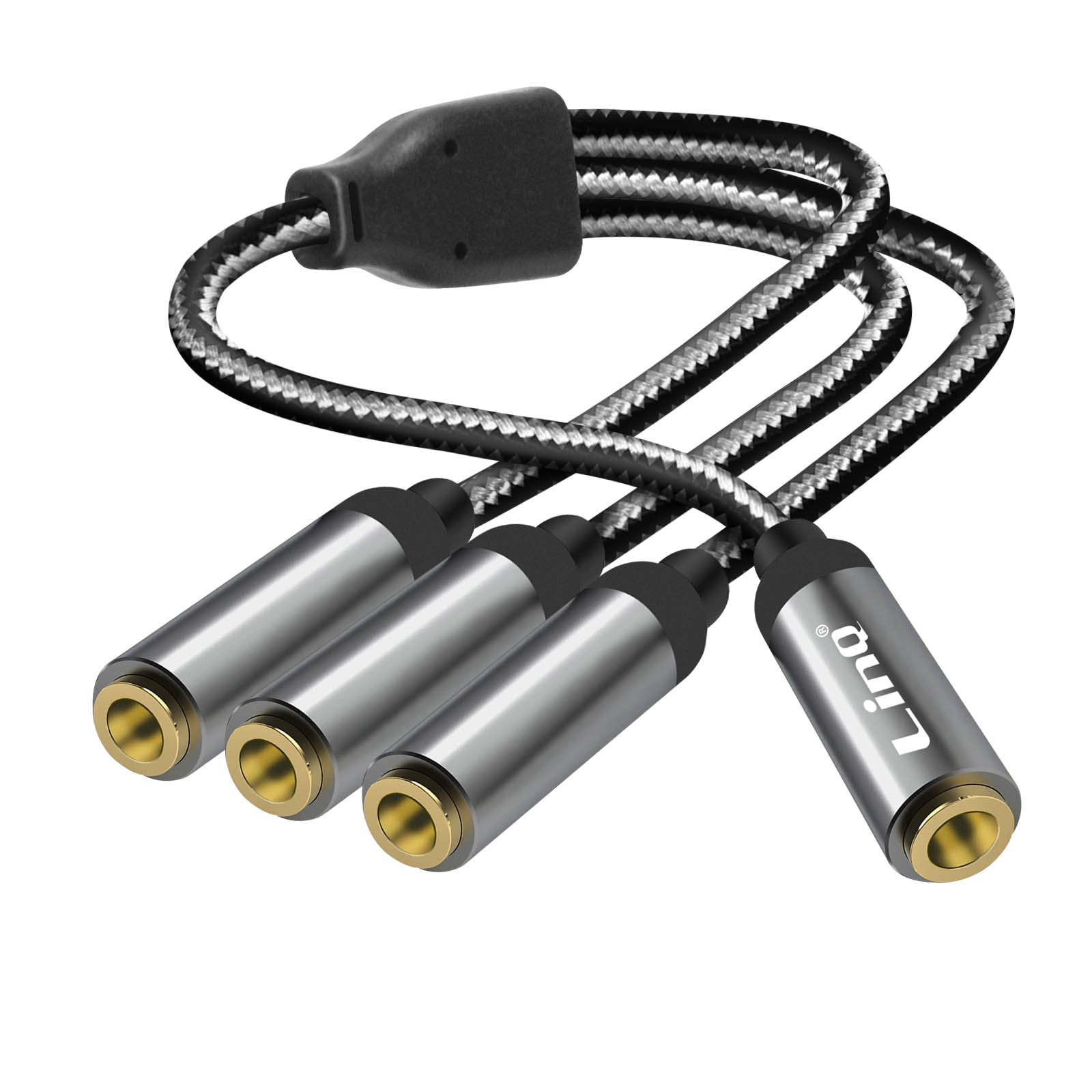 Cavo sdoppiatore audio argento e nero con tre connettori dorati e uno.