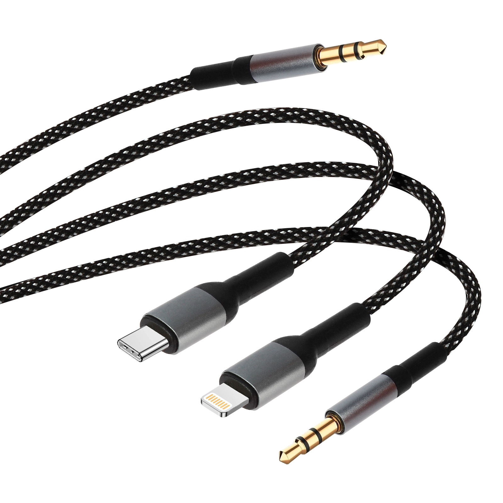 Audiokabel mit verschiedenen Anschlüssen: USB-C, Lightning und 3,5-mm-Klinke. Geflochtenes Design.