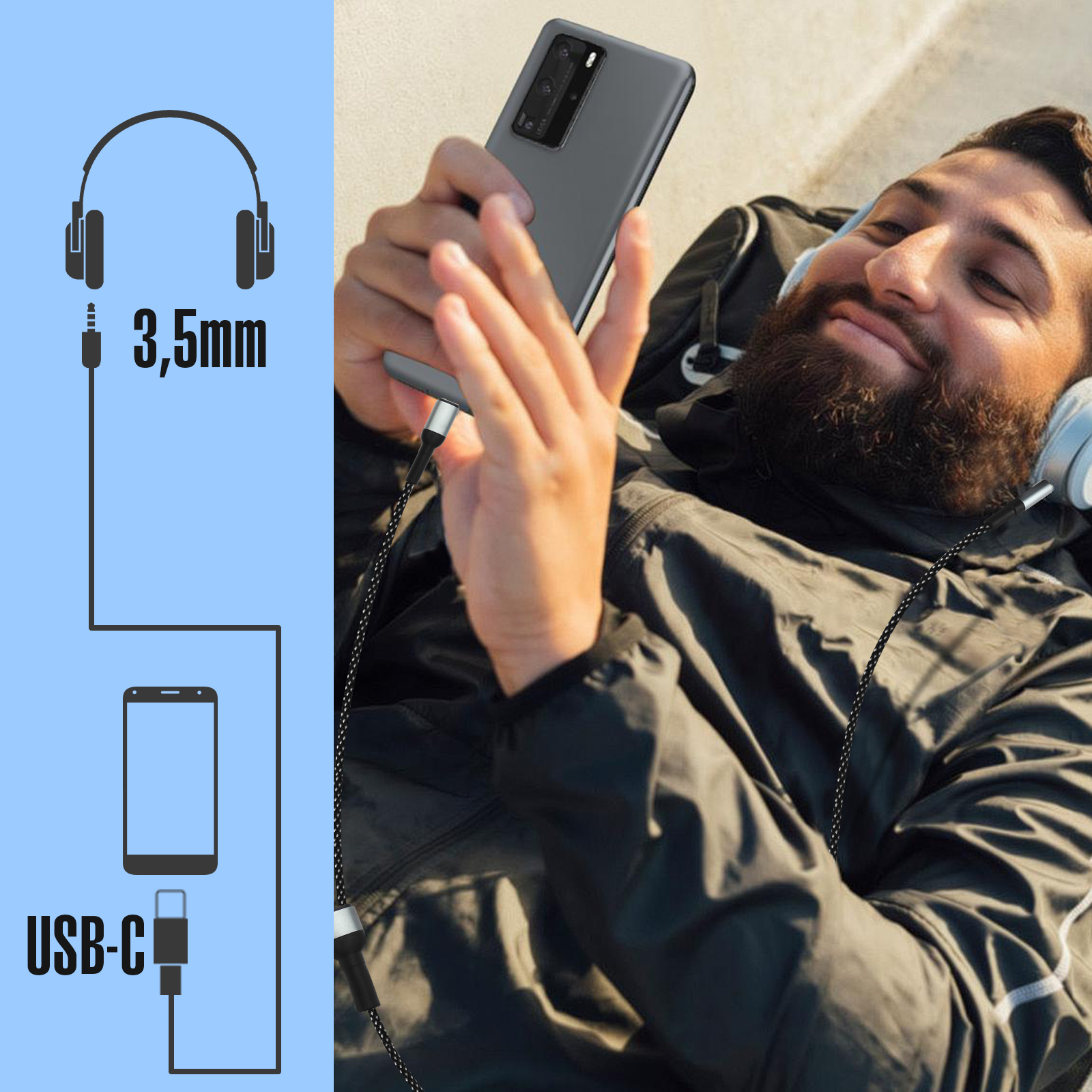 Ein Mann liegt mit Kopfhörern und einem Telefon, das über ein Kabel verbunden ist. Text: USB-C, 3,5 mm.