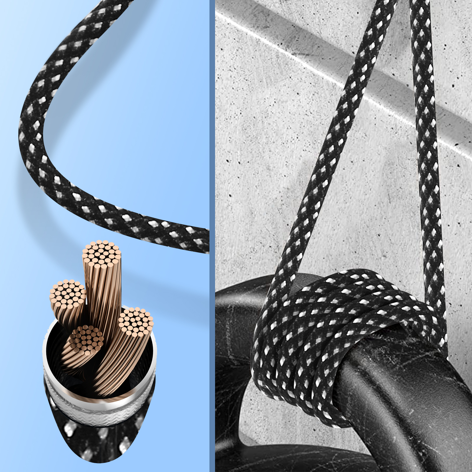 Geschnittenes Kabel mit Kupferlitzen und schwarz-weiß geflochtenem Äußeren.