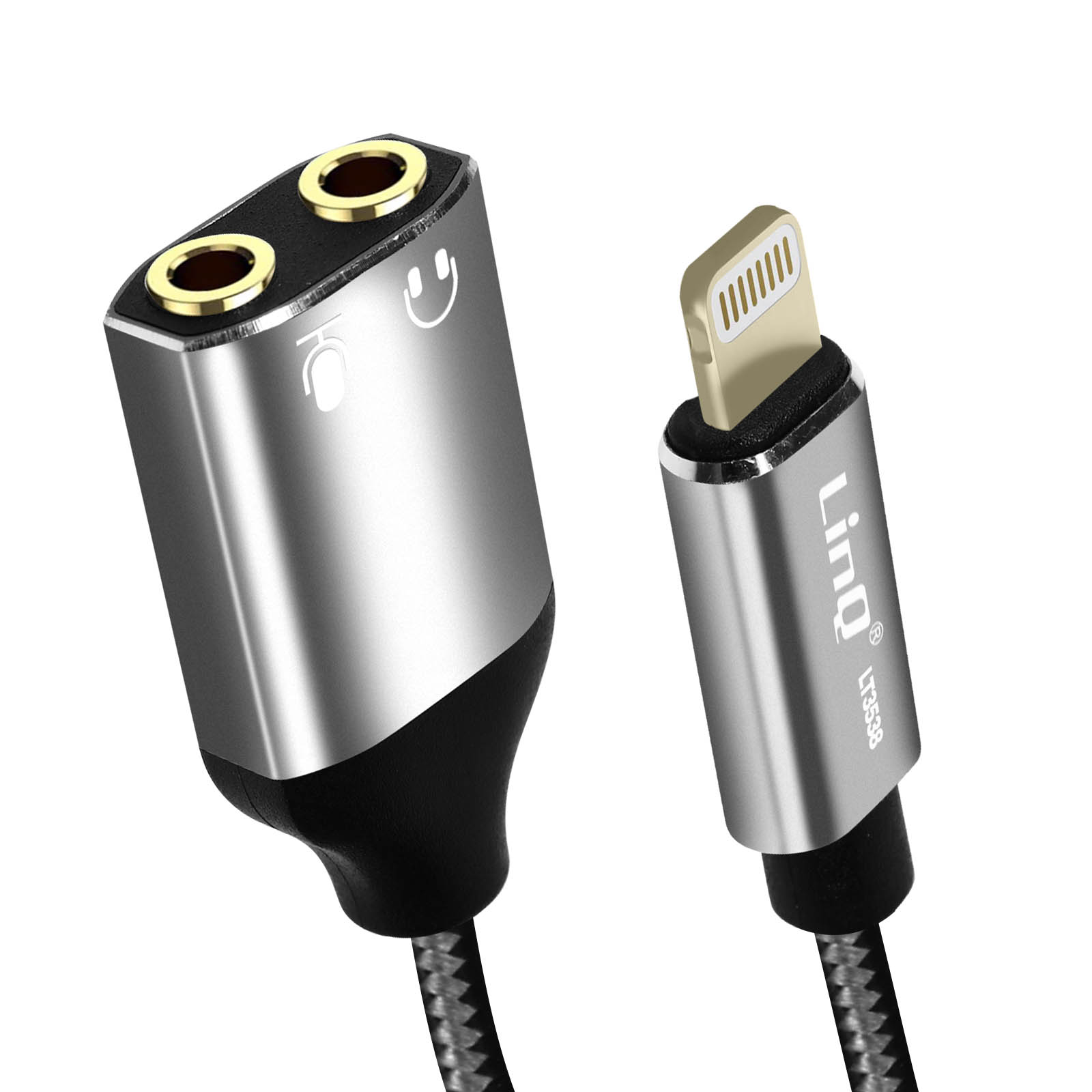 Ein silberner Audio-Splitter mit iPhone-Anschluss. Zwei goldene Kopfhörerbuchsen.