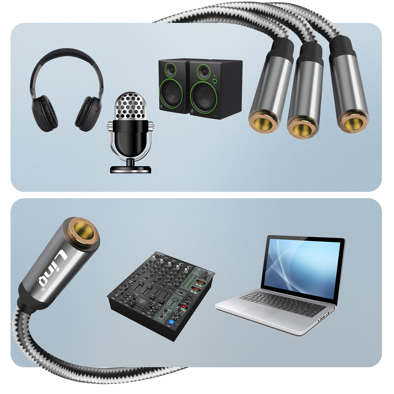 Apparecchiature audio: cuffie, un microfono, altoparlanti, un mixer e un laptop, cavi.