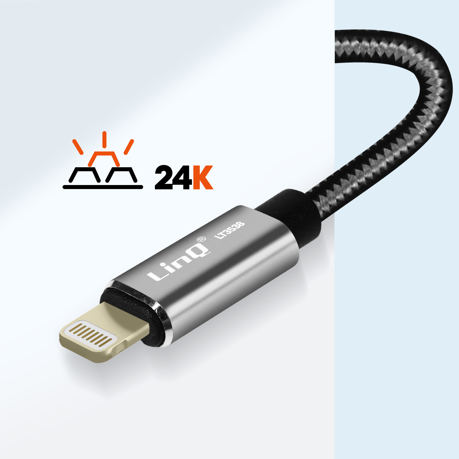 Kabel mit Lightning-Anschluss und 24K-Gold-Symbol auf blauem Hintergrund.