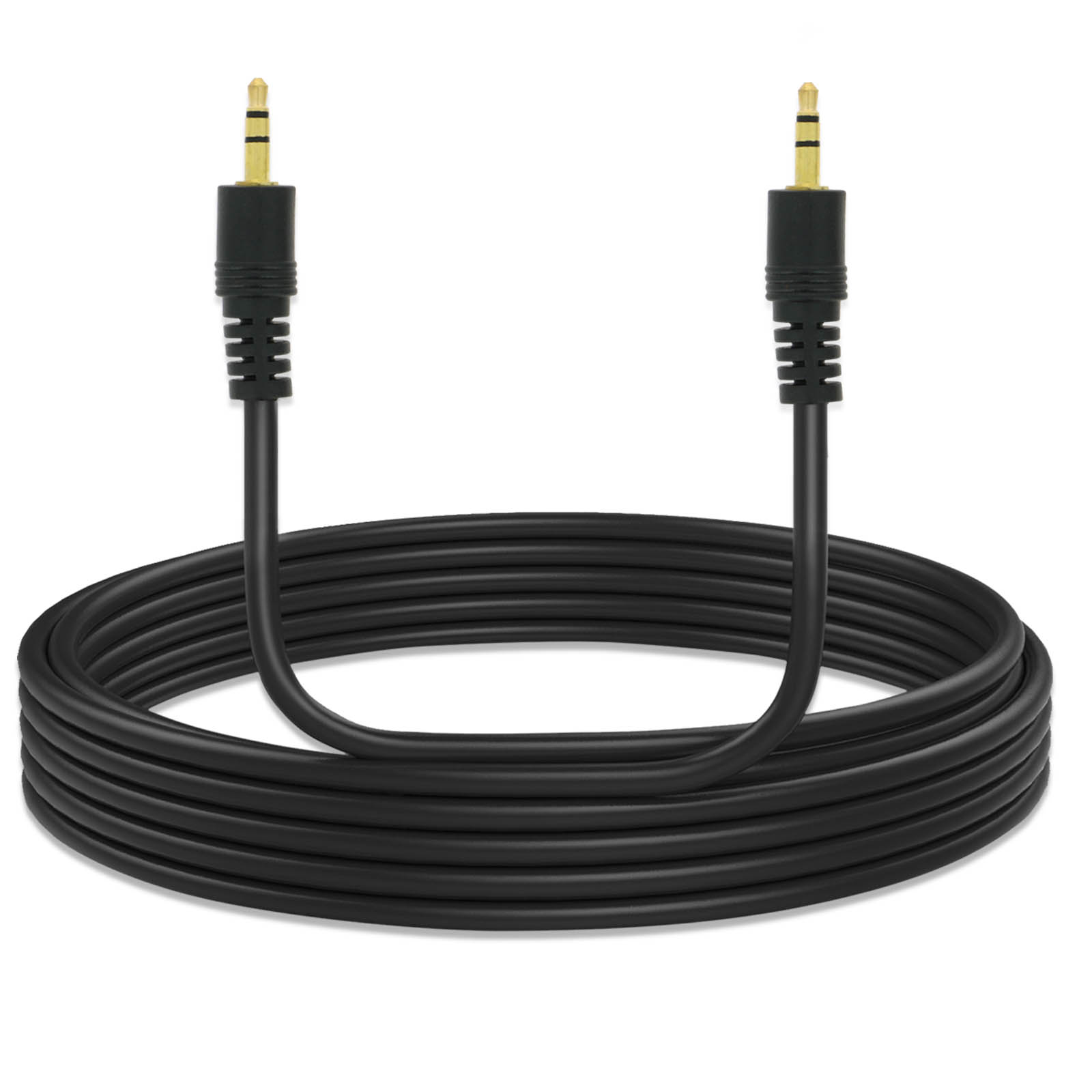 Cable de audio negro con dos conectores dorados. El cable está enrollado sobre una superficie blanca. Fondo simple.