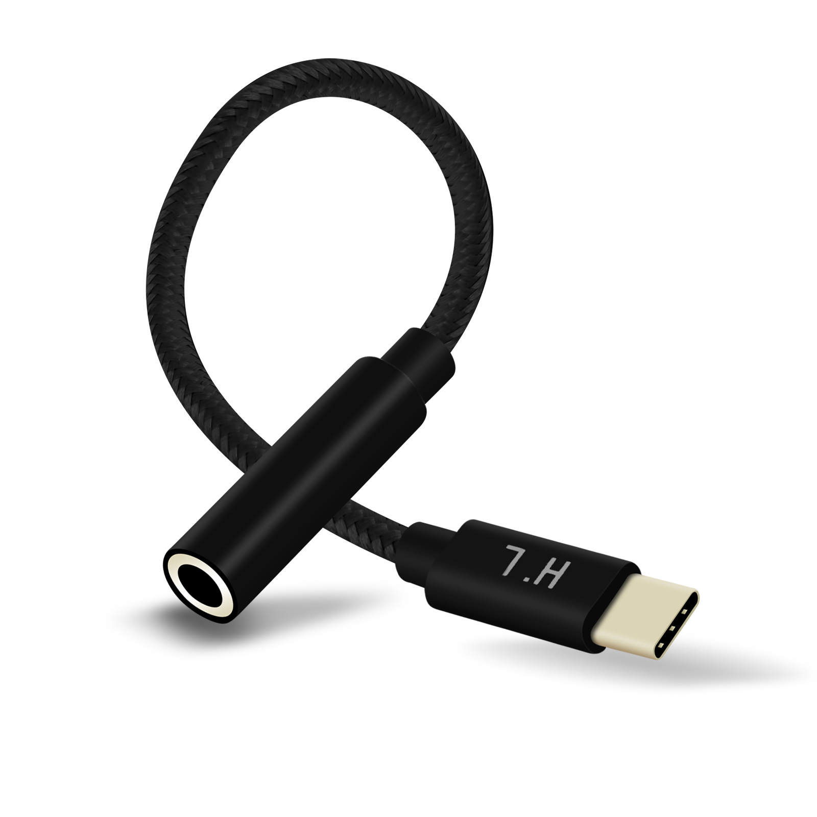 Cable adaptador de audio negro con USB-C y jack de 3,5 mm. Fondo blanco.
